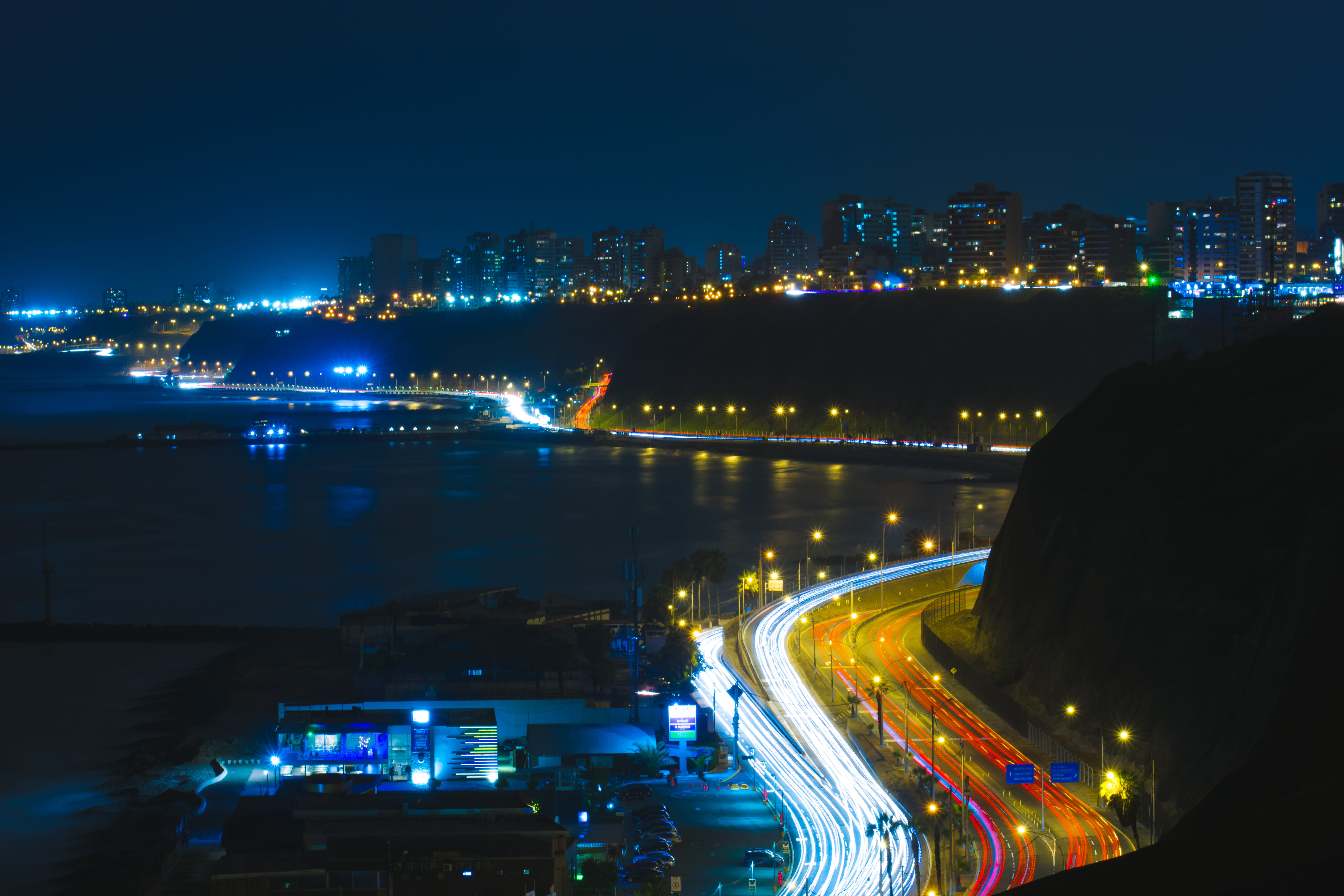 light, skyscraper, painting, sea, office building exterior, lnucci94, building exterior, motion, 5K, reclection, night sky, building, road, beach, shore, HD Wallpaper