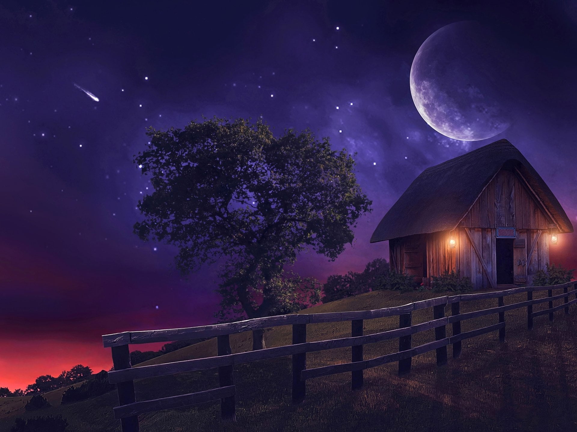 space, Fence, dark, Tree, architecture, cloud - sky, plant, house, full moon, sky, 1080P, Moon, no people, Fantasy, building exterior, moonlight, astronomy, HD Wallpaper
