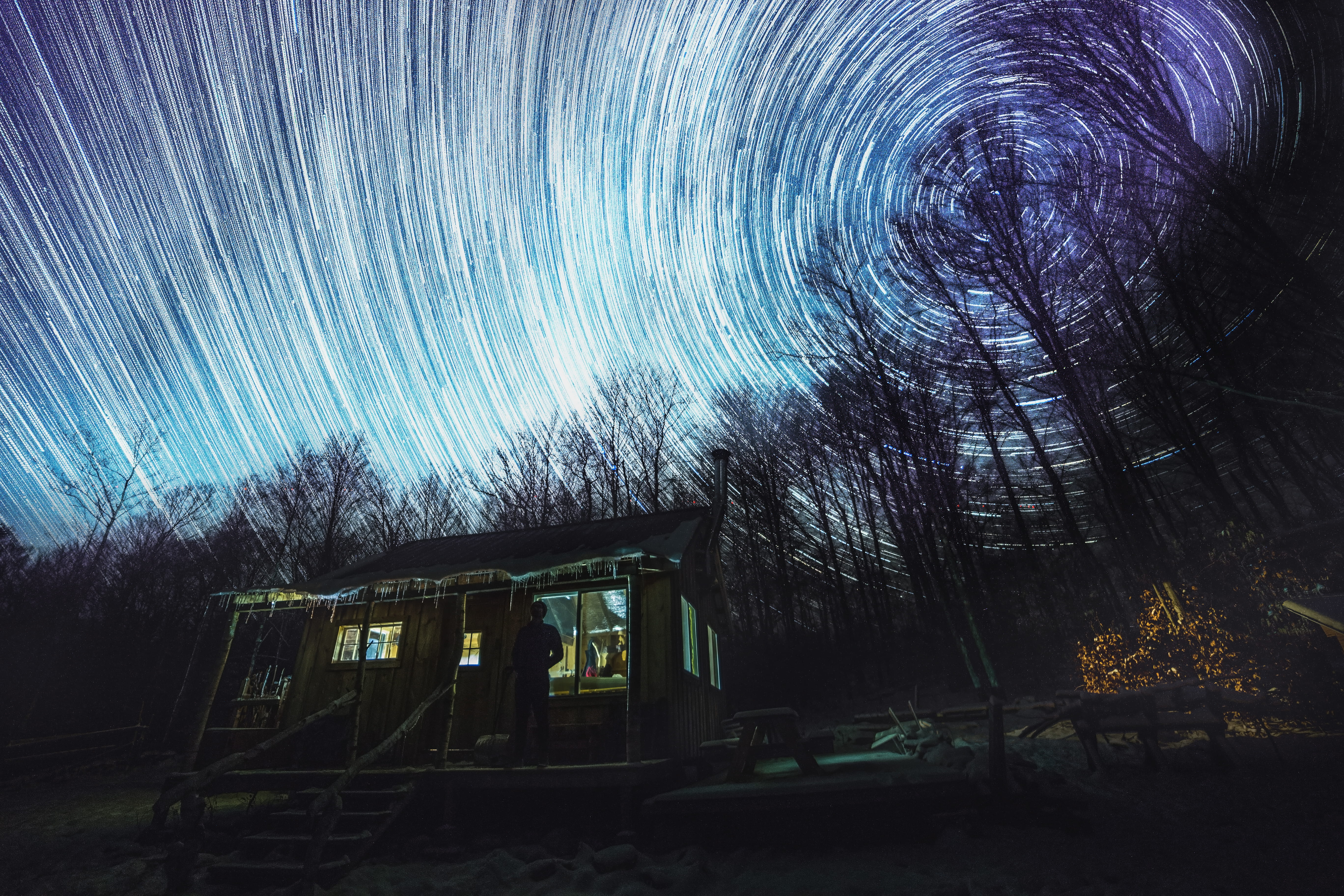 abandoned, star, white, nature, astronomy, shed, tree, 5K, architecture, light, stars, outdoors, star - space, night sky, long exposure, swirl, land, plant, HD Wallpaper