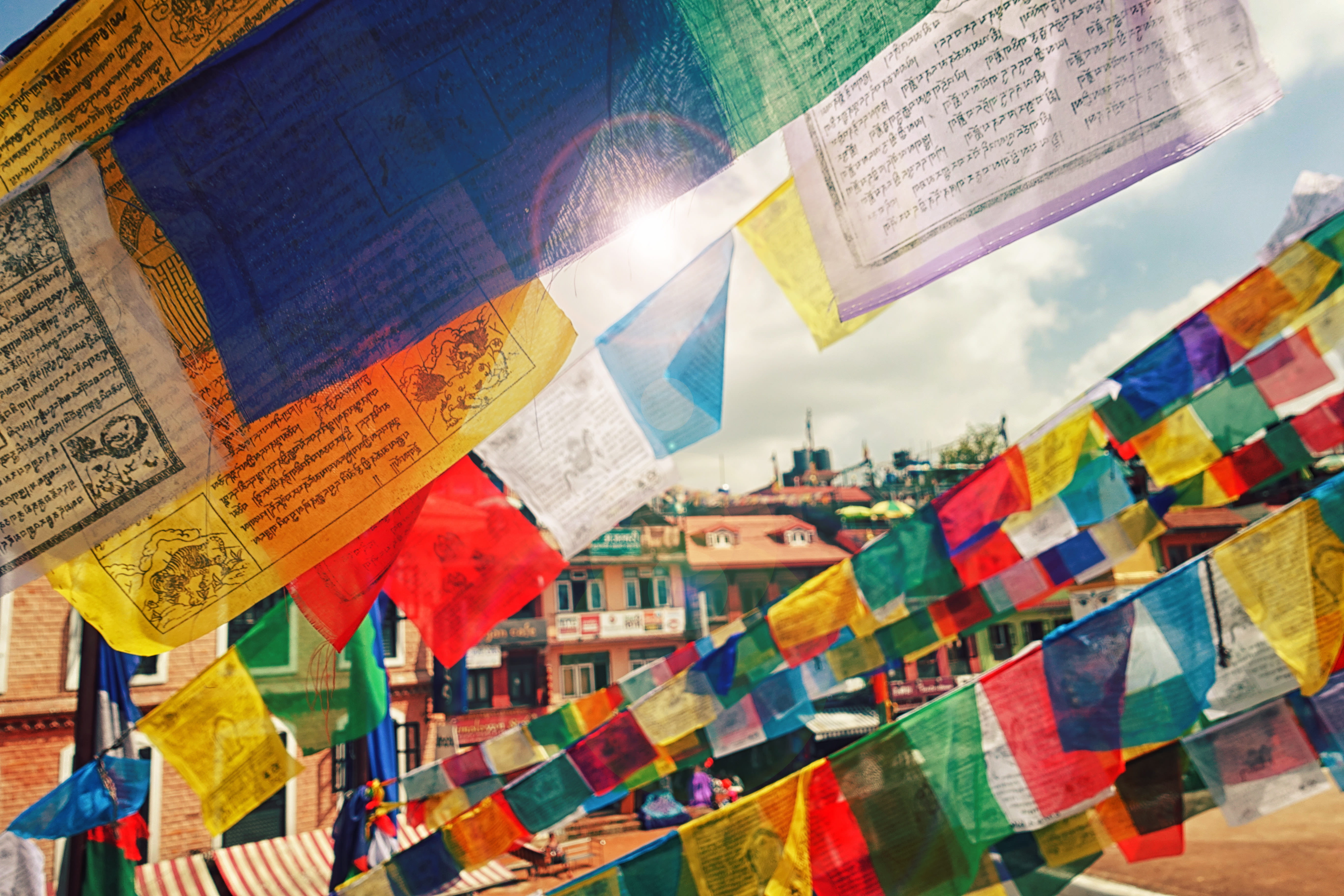 day, colors, prayer flags, multi colored, luck, 5K, spirituality, paper, outdoors, non-western script, lens flare, images of enlightenment, religion, travel, HD Wallpaper