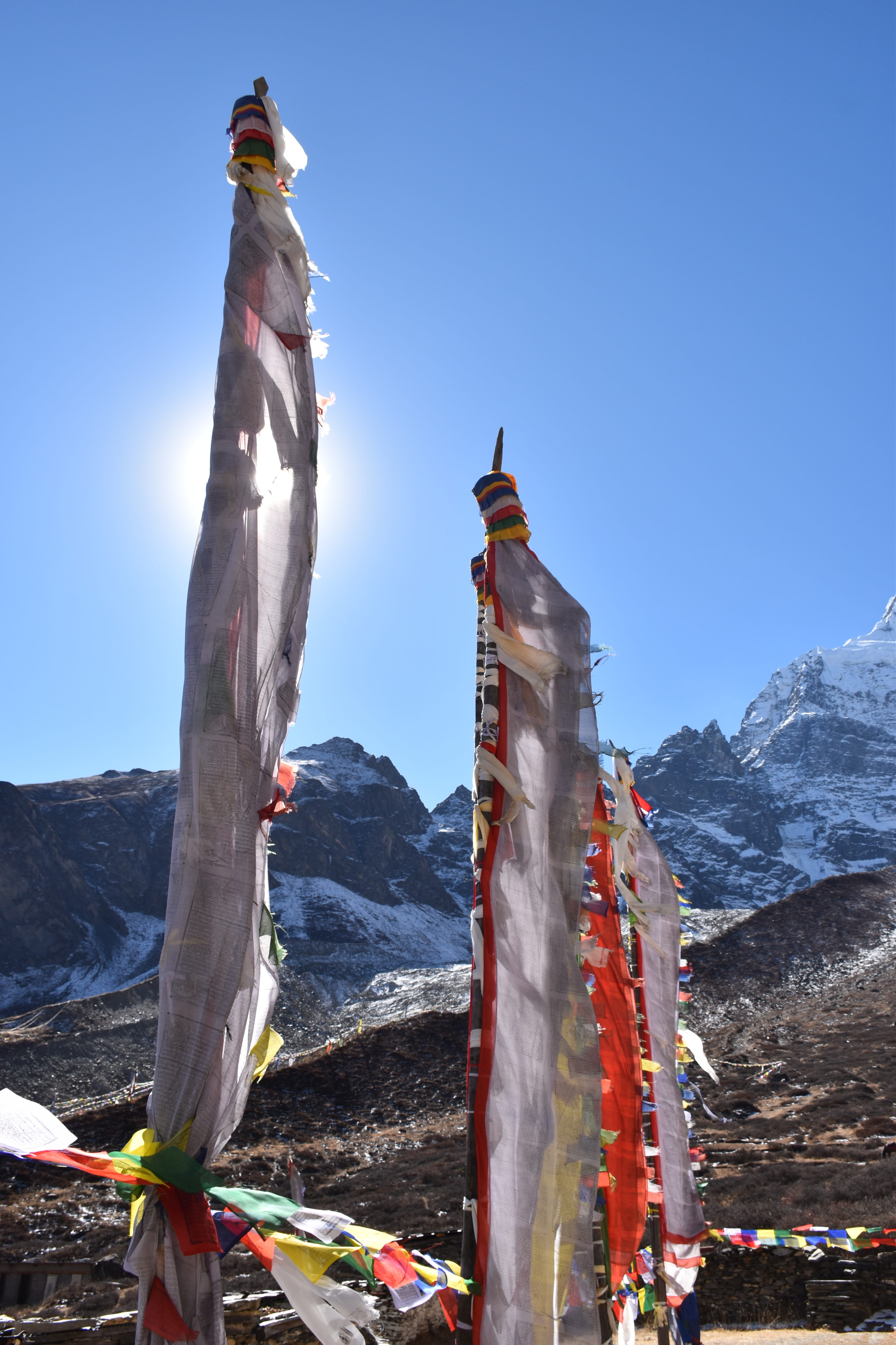 mountain, hiking, outdoors, himalayas, flag, snowcapped mountain, nepal, nature, beauty in nature, mountain peak, day, tranquility, sunlight, landscape, Phone HD Wallpaper