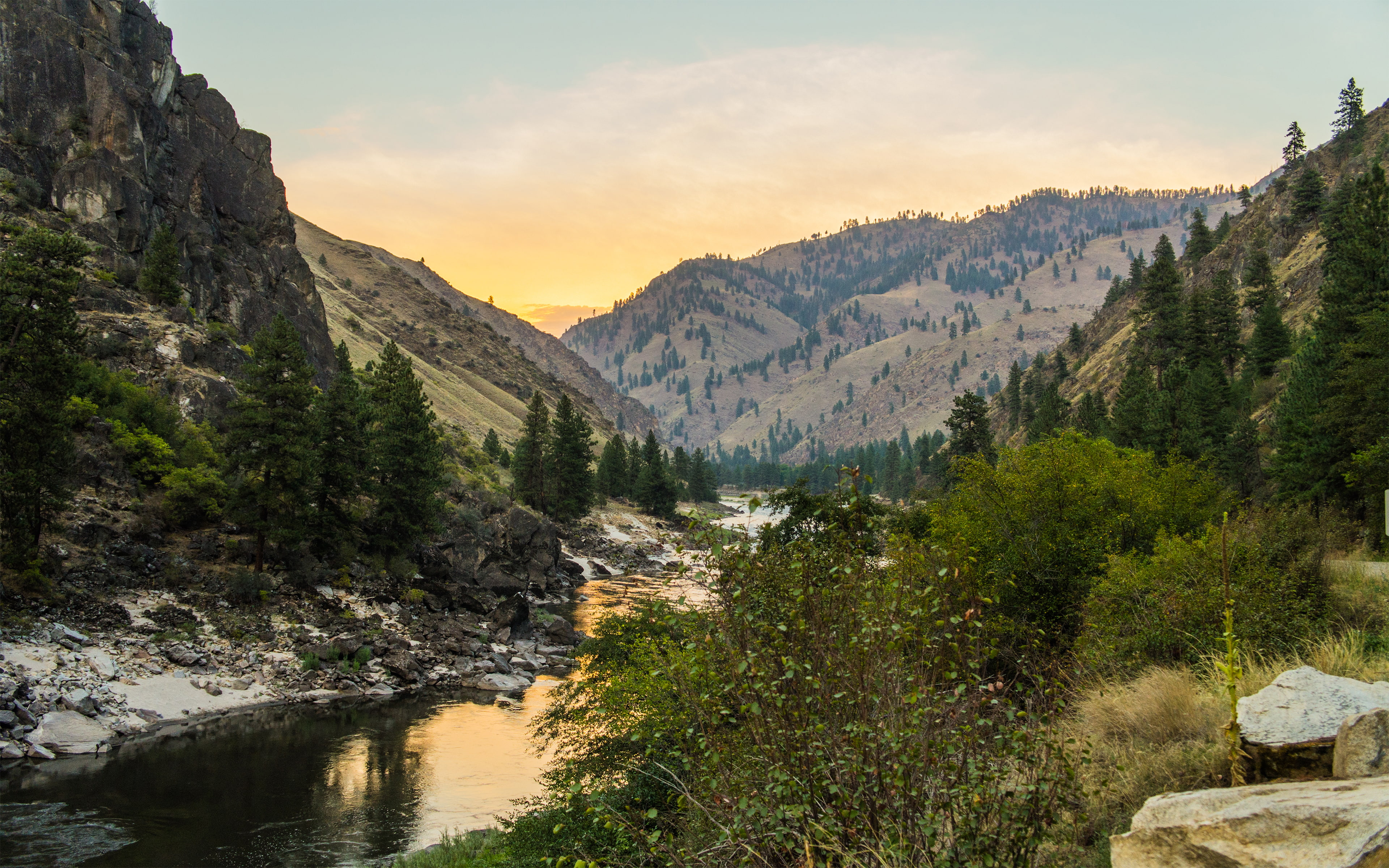 flowing water, tranquility, formation, tree, salmon, photography, rock, beauty in nature, tranquil scene, sunset, cloud - sky, plant, mountains, remote, HD Wallpaper