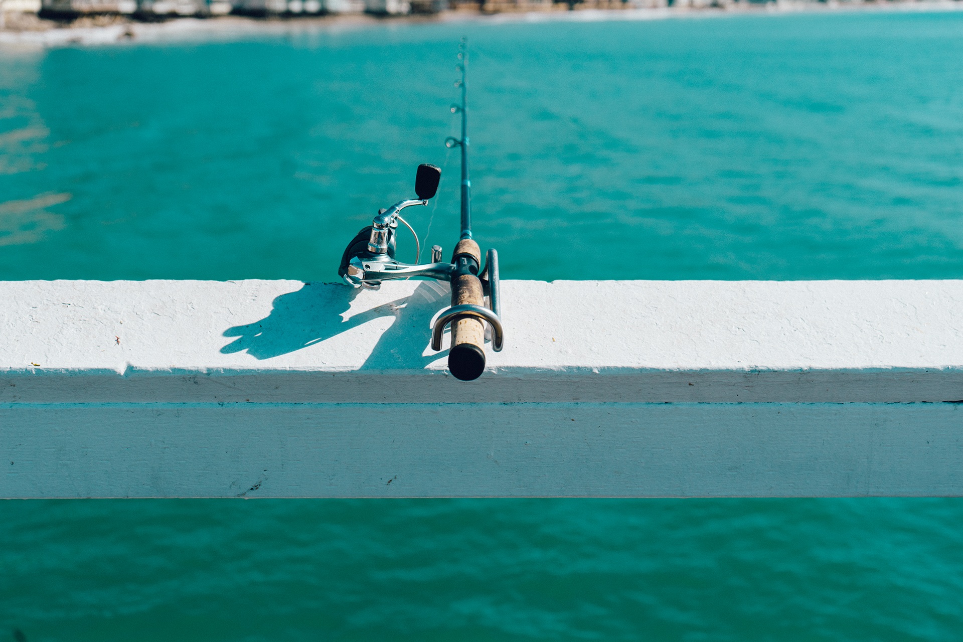 focus on foreground, ocean, fishing, activity, day, shadow, catch, focus, rod, recreation, retractable, lumber, pivot, water, turquoise colored, 1080P, HD Wallpaper