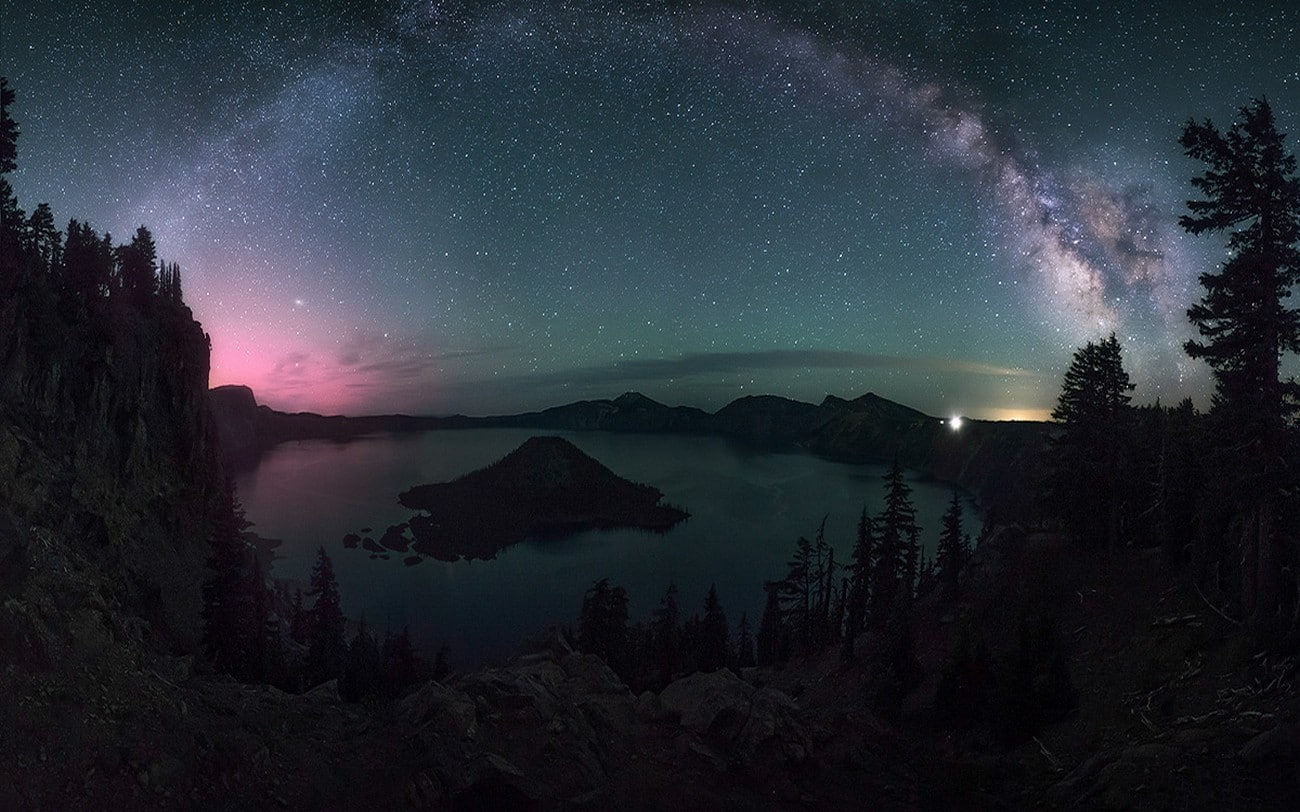 trees, lights, starry night, landscape, crater lake, dragon, long exposure, Oregon, Milky Way, nature, 720P, HD Wallpaper