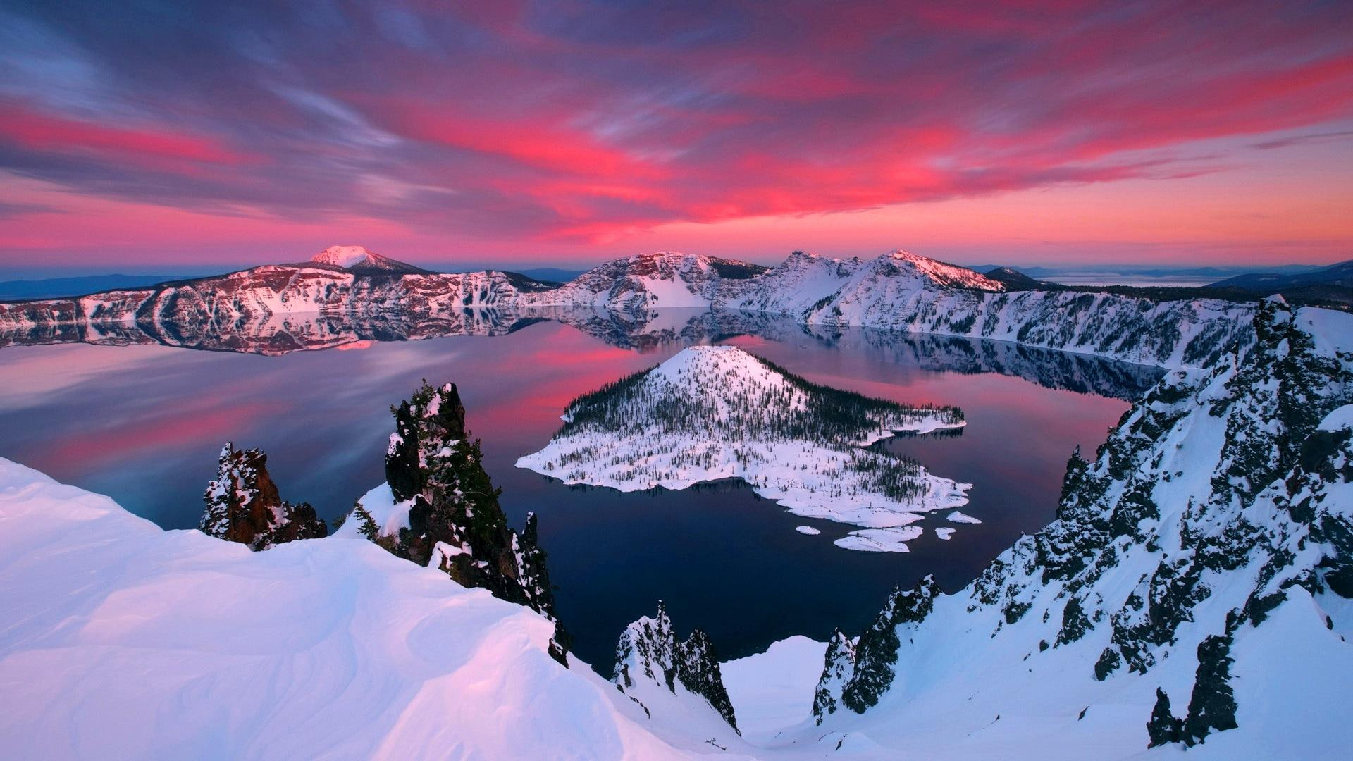 white, landscapes, mountains, oregon, picture, lake, crater, peak, 1080P, magenta, photo, blue lake, grove, horizon, sunset, winter, blue, nice, HD Wallpaper