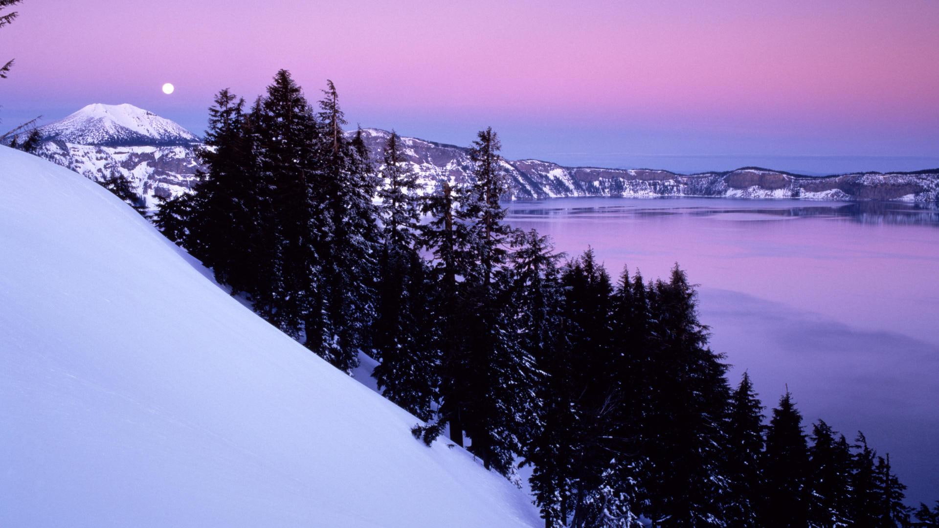 night, fields, winter, nature and landscapes, lake, crater, 1080P, snow, moon, trees, oregon, HD Wallpaper