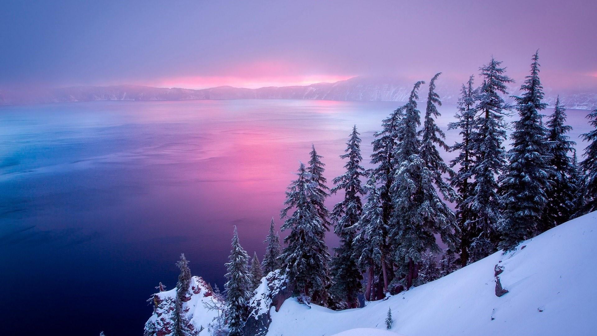 nature, landscape, outdoors, woodland, united states, purple, winter, lake, tranquility, snow, fog, sunrise, morning, 1080P, no people, scenics - nature, HD Wallpaper