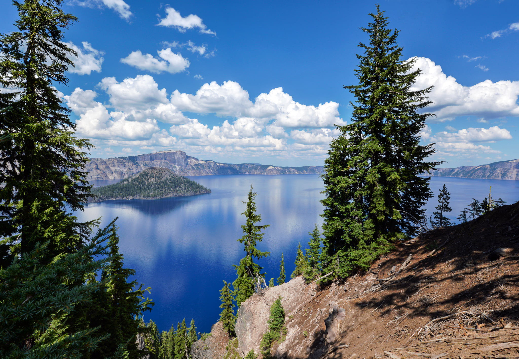 water, body, brown, Summer, nature, blue, mountain, trees, Nikon D610, calm, 1080P, body of water, Landscape, forest, brown mountain, lake, scenics, Crater Lake  Oregon, HD Wallpaper