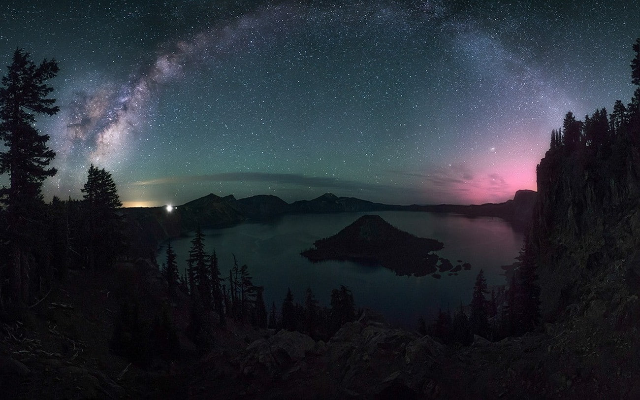 water, star, nature, landscape, space, astronomy, 720P, tranquil scene, Long Exposure, star - space, galaxy, Oregon, scenics - nature, Crater Lake, Starry Night, HD Wallpaper