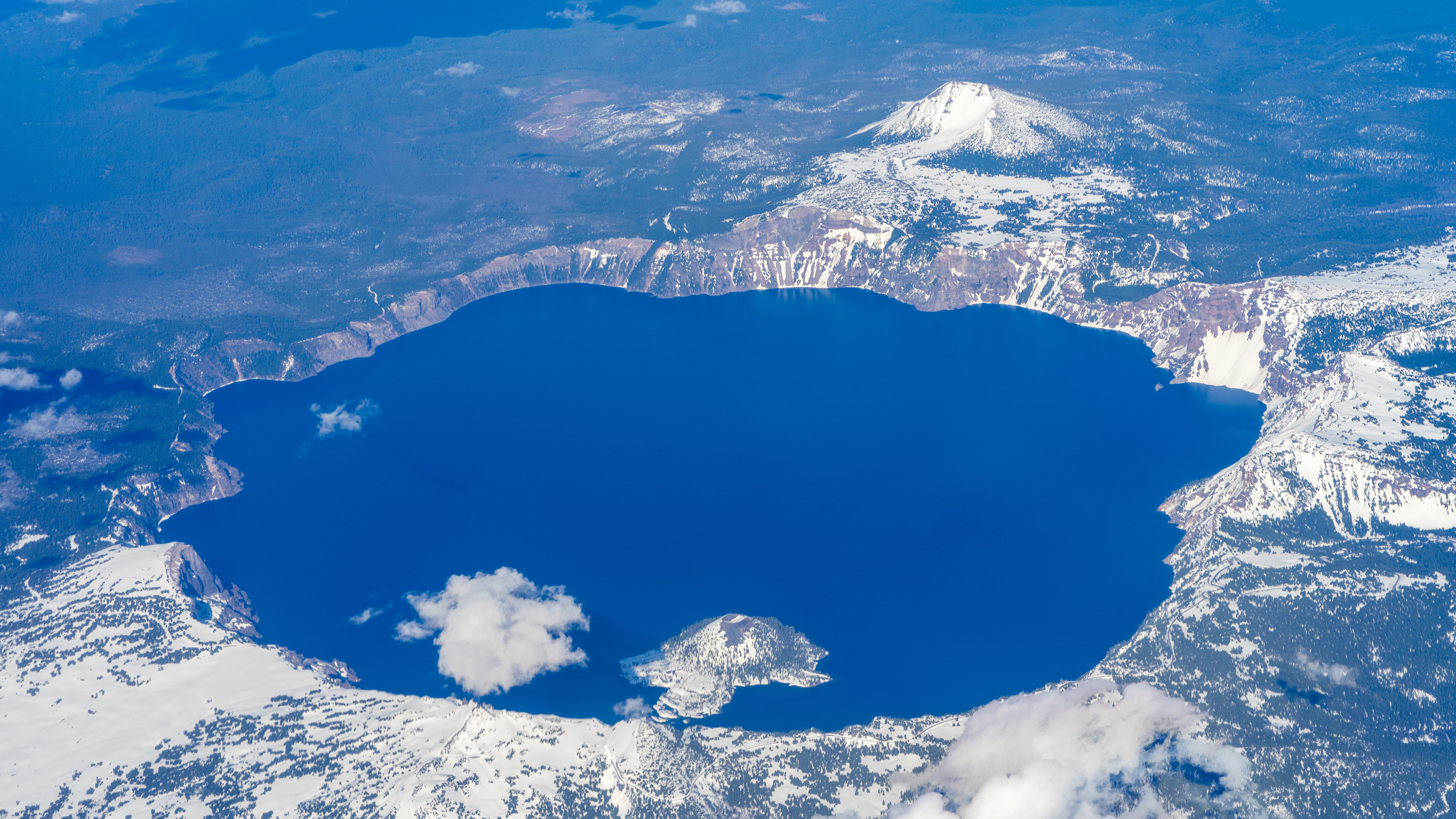 land, mountain, scenics - nature, crater lake, cloud - sky, blue, lake, 5K, nature, cold temperature, oregon, idyllic, fly over, beauty in nature, snowcapped mountain, HD Wallpaper