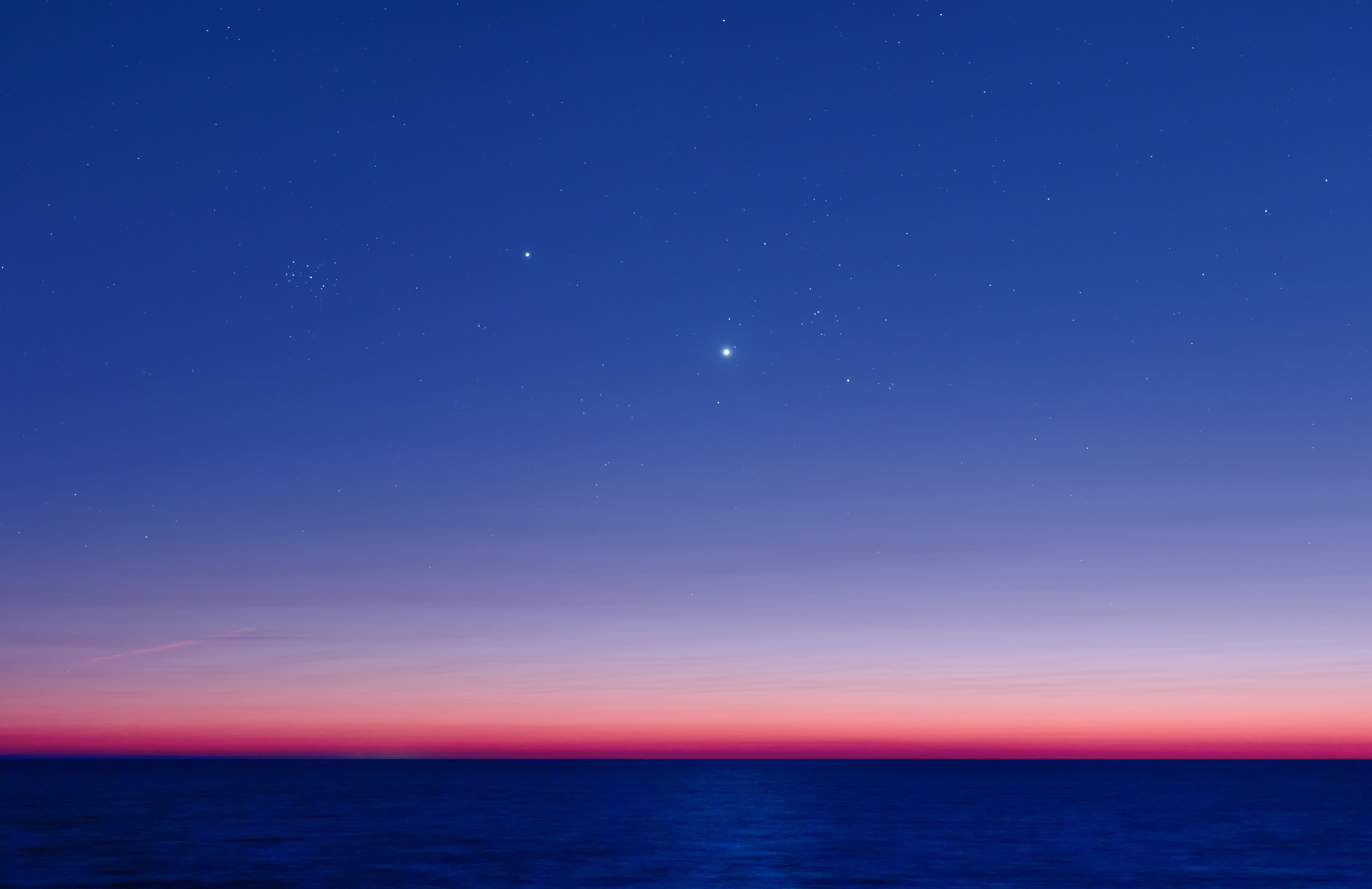 beauty in nature, astronomy, horizon, sunset, outdoors, tranquility, horizon over water, urban skyline, star - space, Aldebaran, the ocean, night, no people, HD Wallpaper