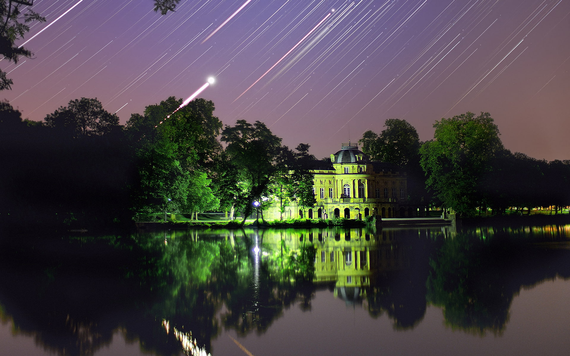 rainshower, night stars, palace, lake, 1080P, venus, aldebaran, the pleiades, city, jupiter, stuttgart, HD Wallpaper