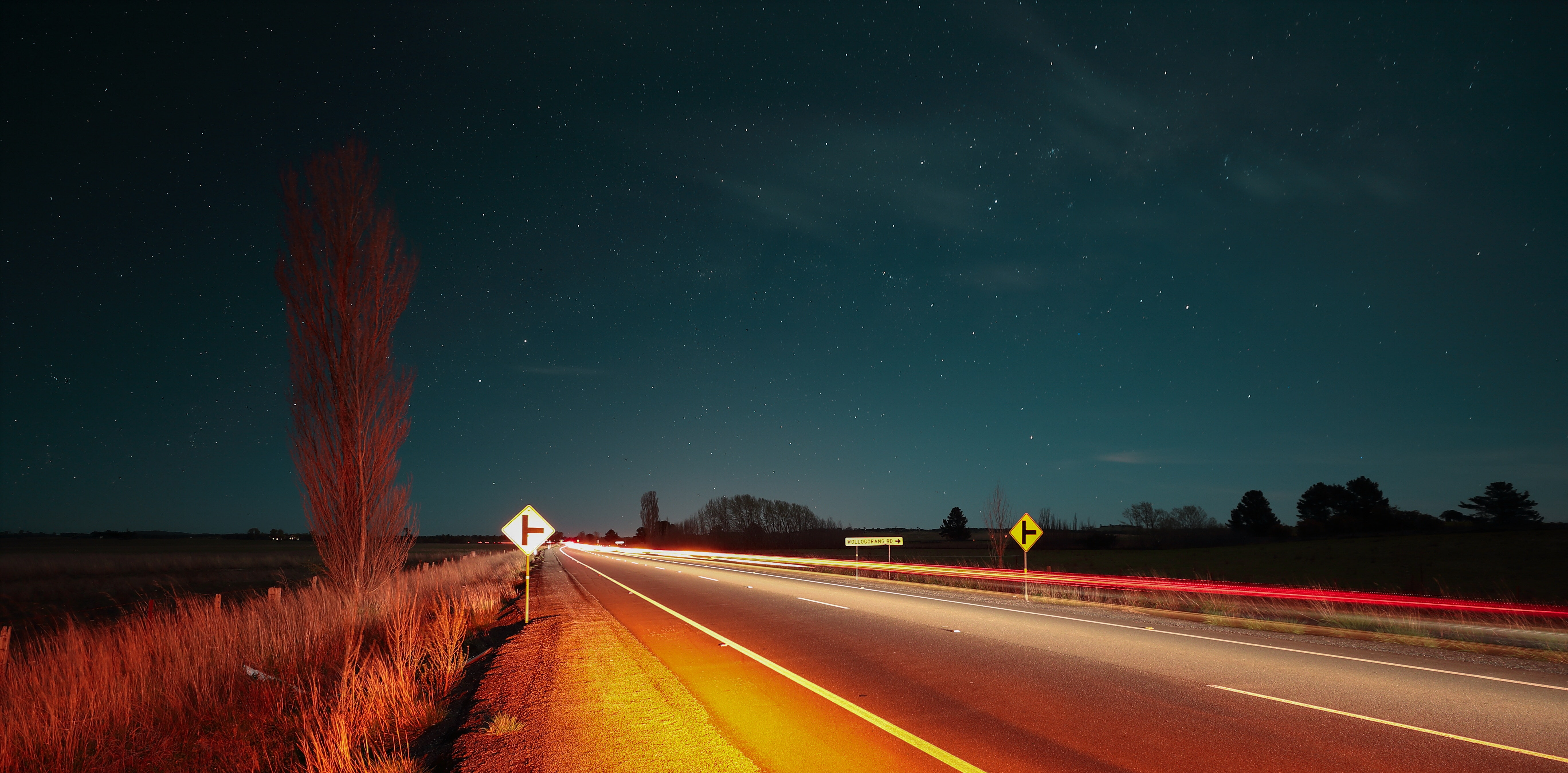 tree, beauty in nature, illuminated, night, transportation, galaxy, starry night, scenics - nature, one person, diminishing perspective, road, car, 5K, HD Wallpaper