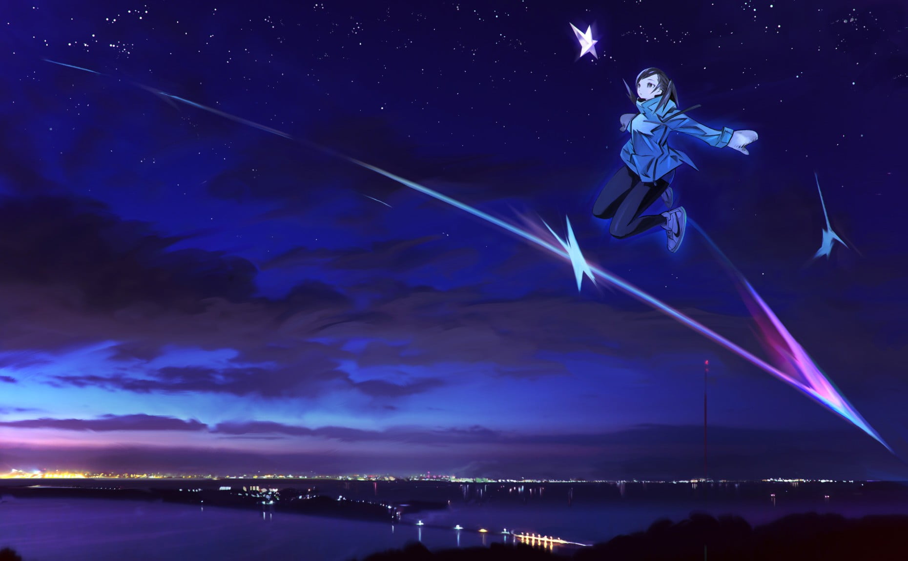dusk, sky, city, night, digital composite, star - space, moon, light trail, motion, blue, anime girls, anime, nature, space, astronomy, outdoors, illuminated, HD Wallpaper