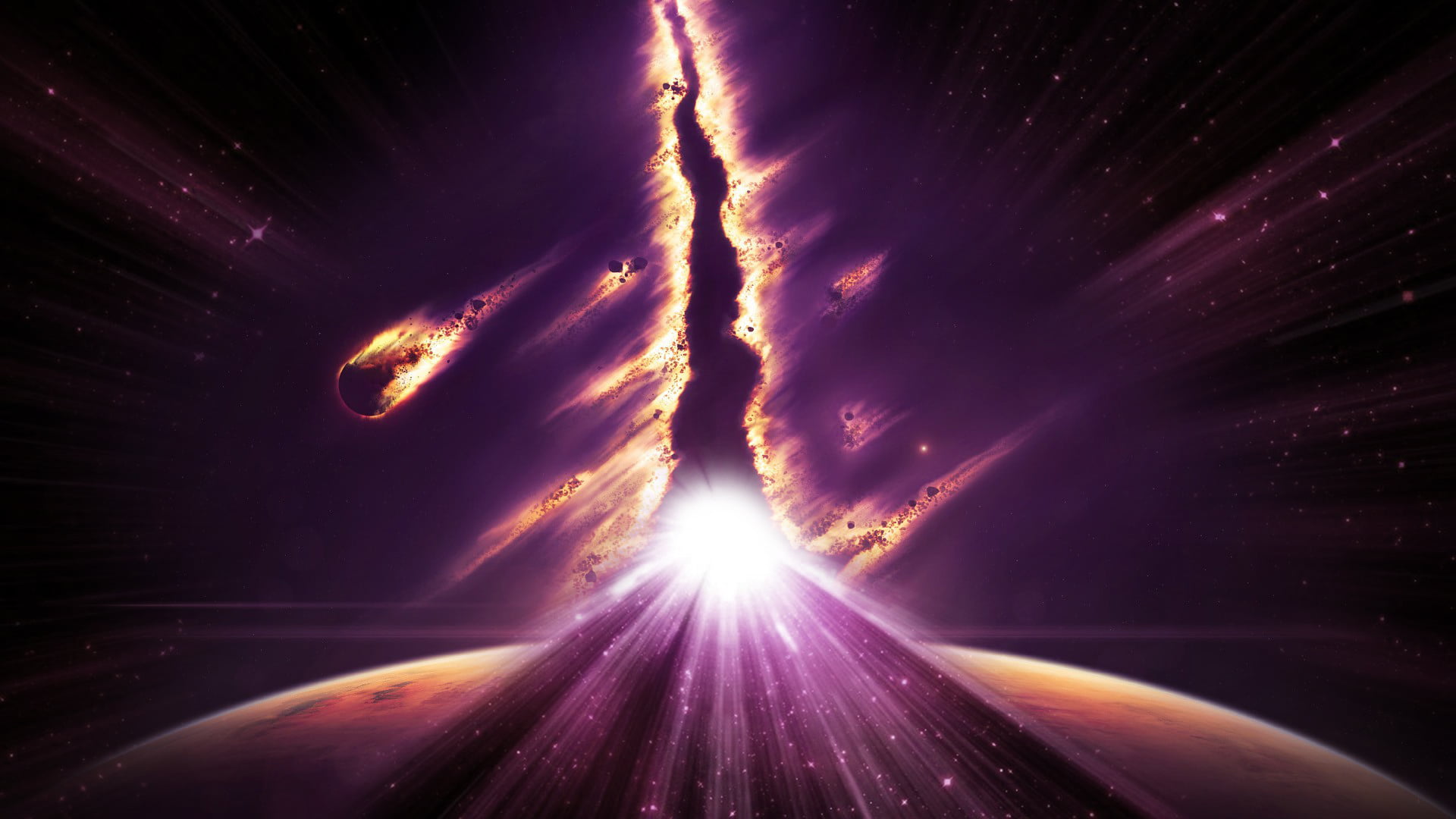 digital, vibrant color, bright, sky, nature, meteor, outdoors, backgrounds, 1080P, space, sunbeam, motion, sunlight, star - space, near, lens flare, purple, HD Wallpaper
