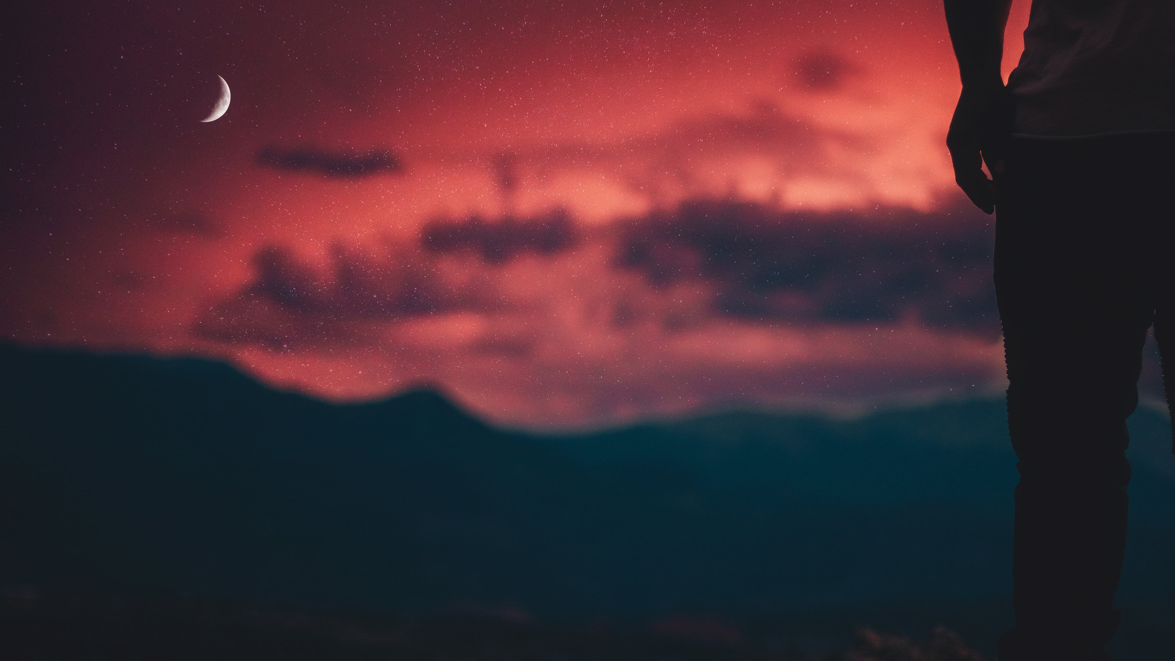 4K, astronomy, constellations, top, dramatic sky, silhouette, standing, scenics - nature, tranquility, clouds, mountain peak, horizon, tranquil scene, HD Wallpaper