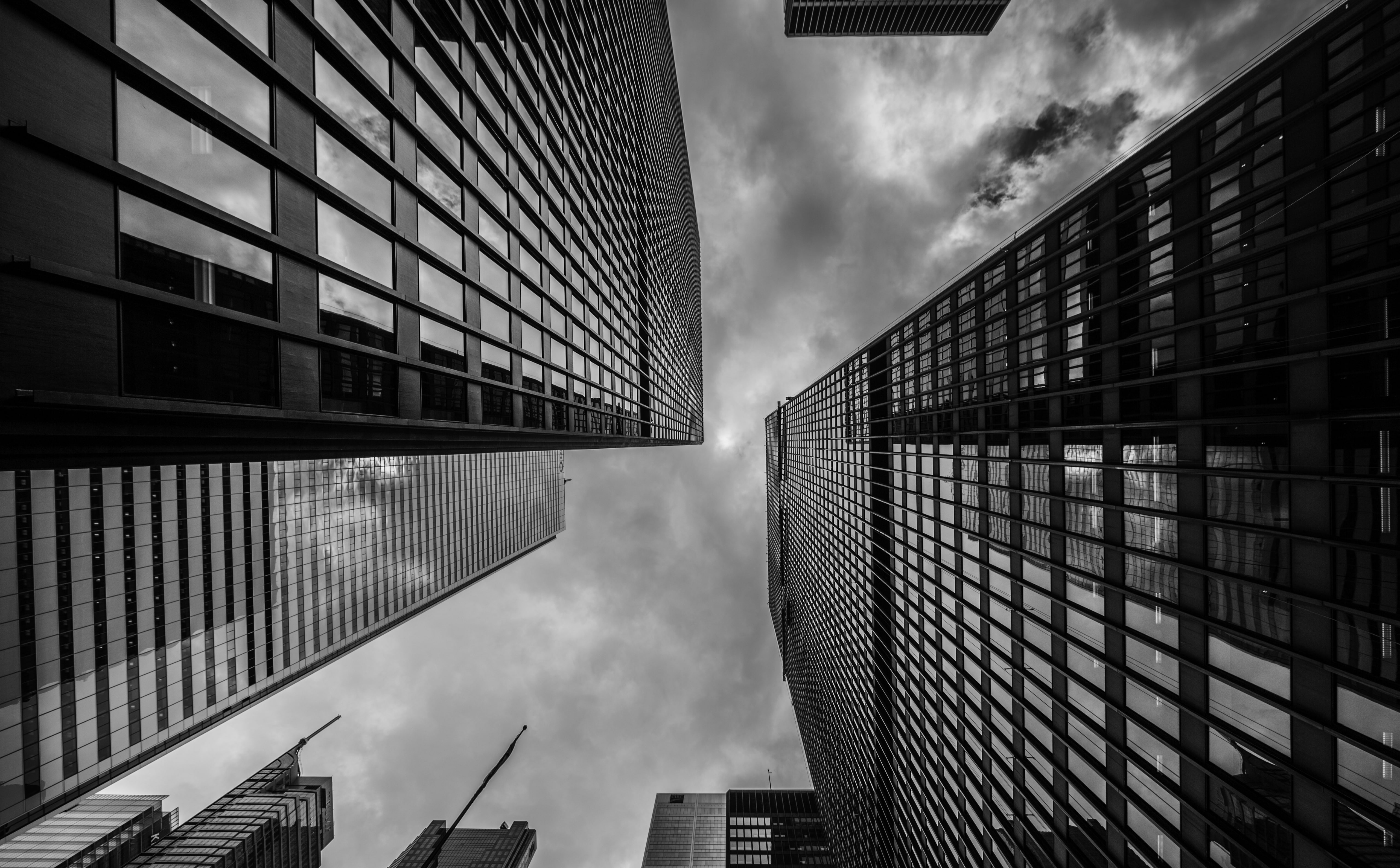City, blackandwhite, 5K, Building, nature, tower, lookup, Toronto, finance, day, financial district, Skyscrapers, no people, Black and White, reflection, HD Wallpaper