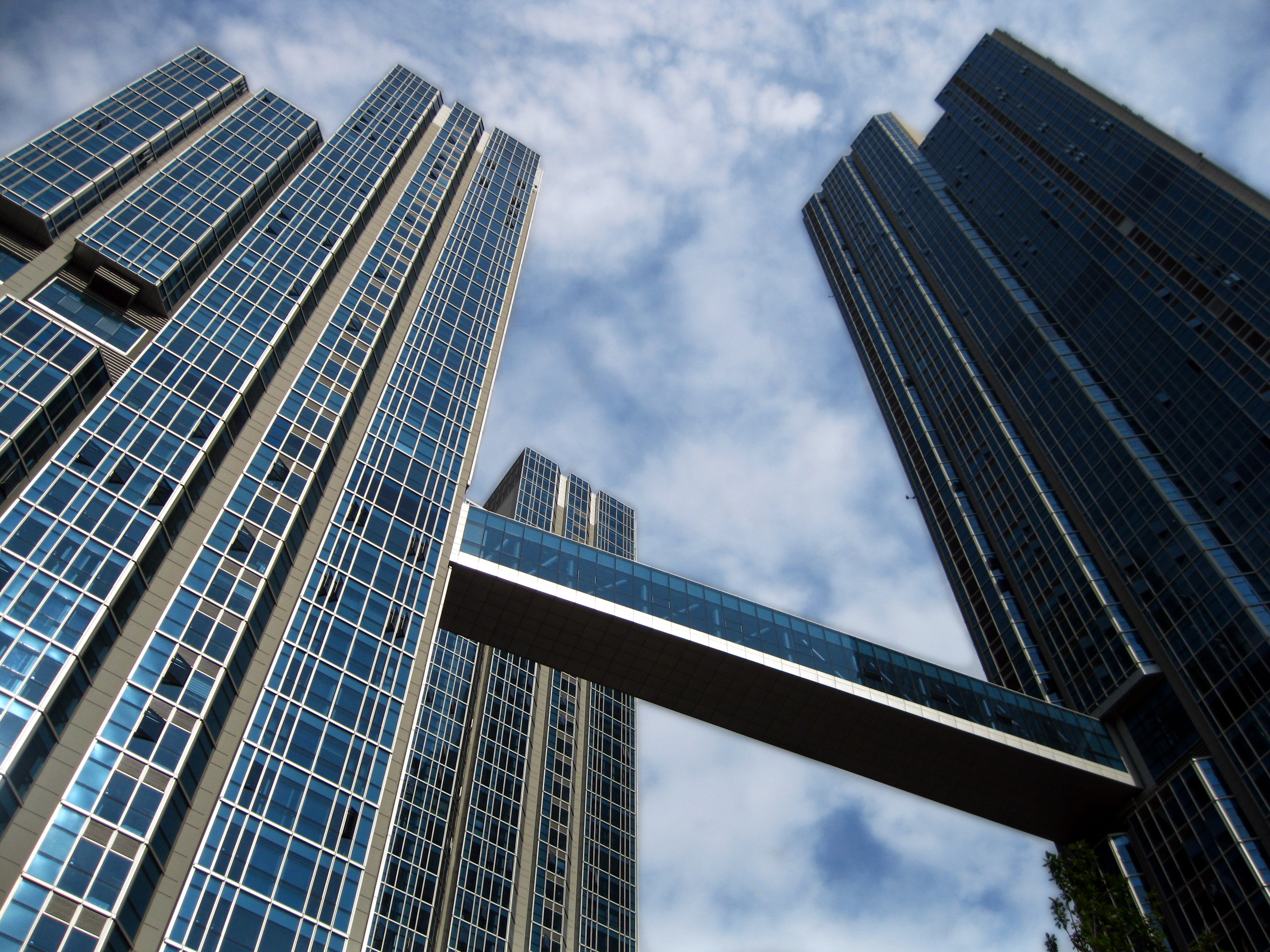 low, tall, upward, cloud - sky, building exterior, reflection, buildings, skyline, low angle view, metropolis, architecture, three, photo, tall - high, HD Wallpaper