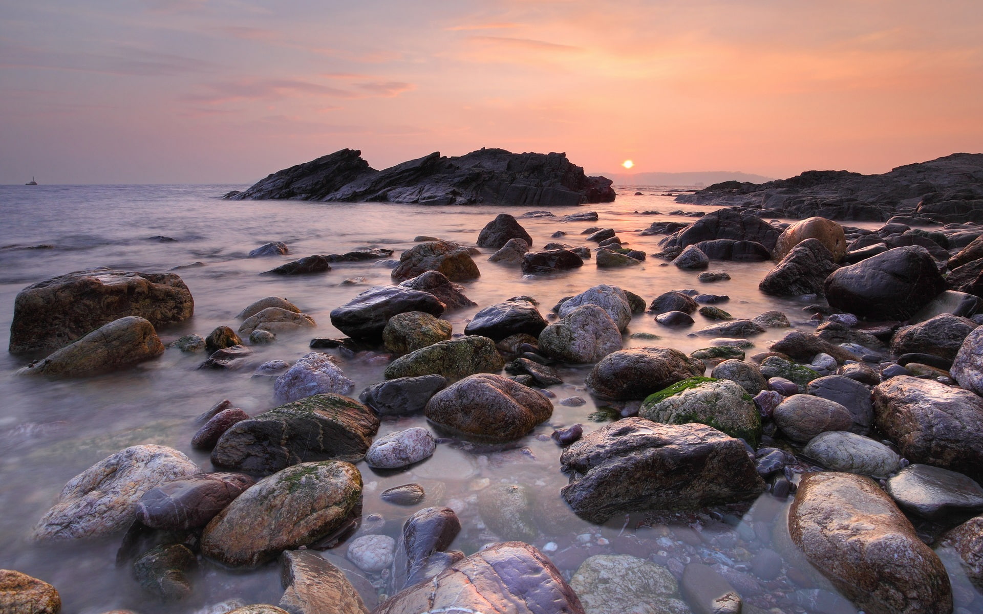 Beach, 1080P, Stones, Sunset, Sun, Sea, Sky, HD Wallpaper