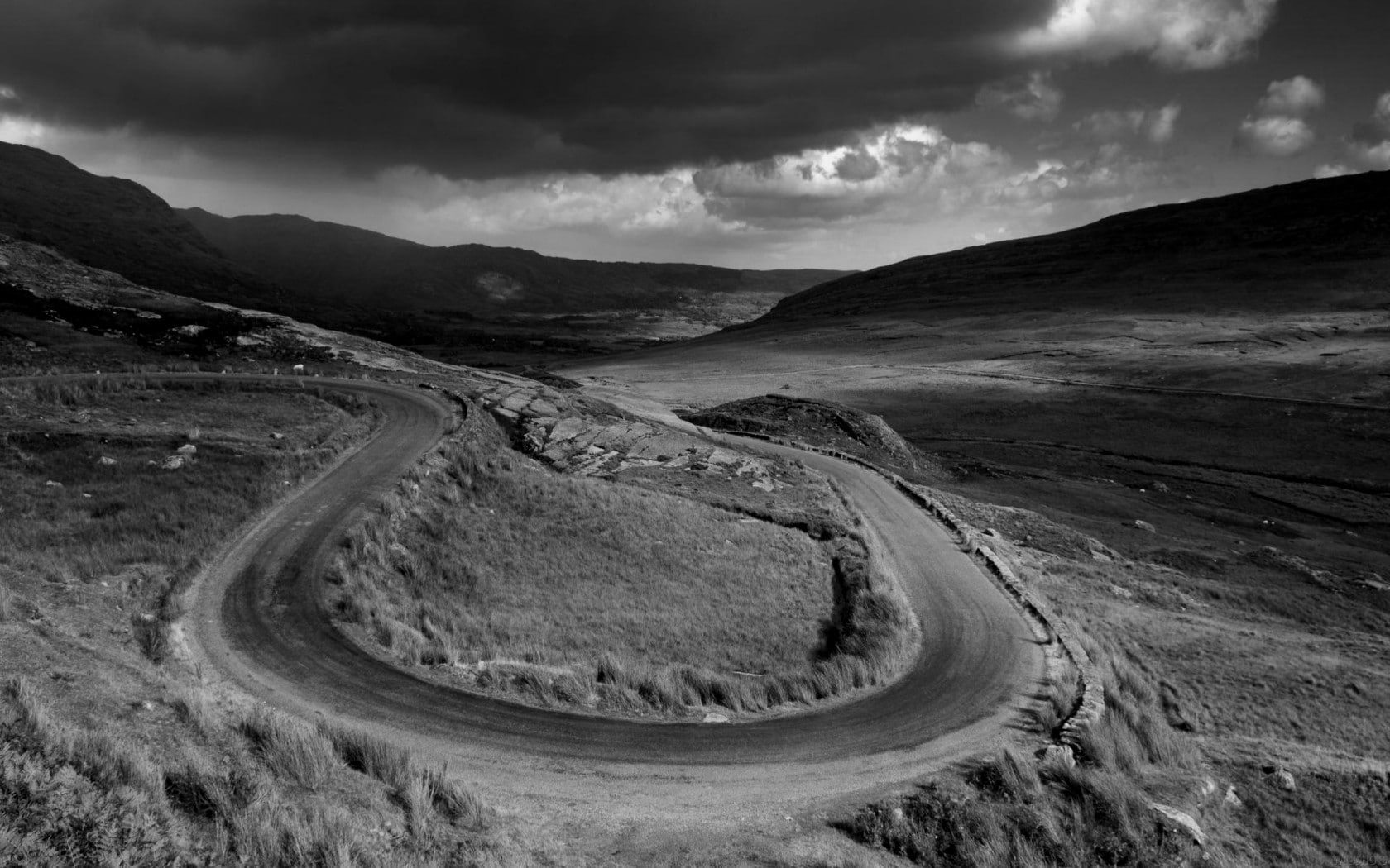 landscape, hairpin turns, 720P, Ireland, monochrome, road, HD Wallpaper
