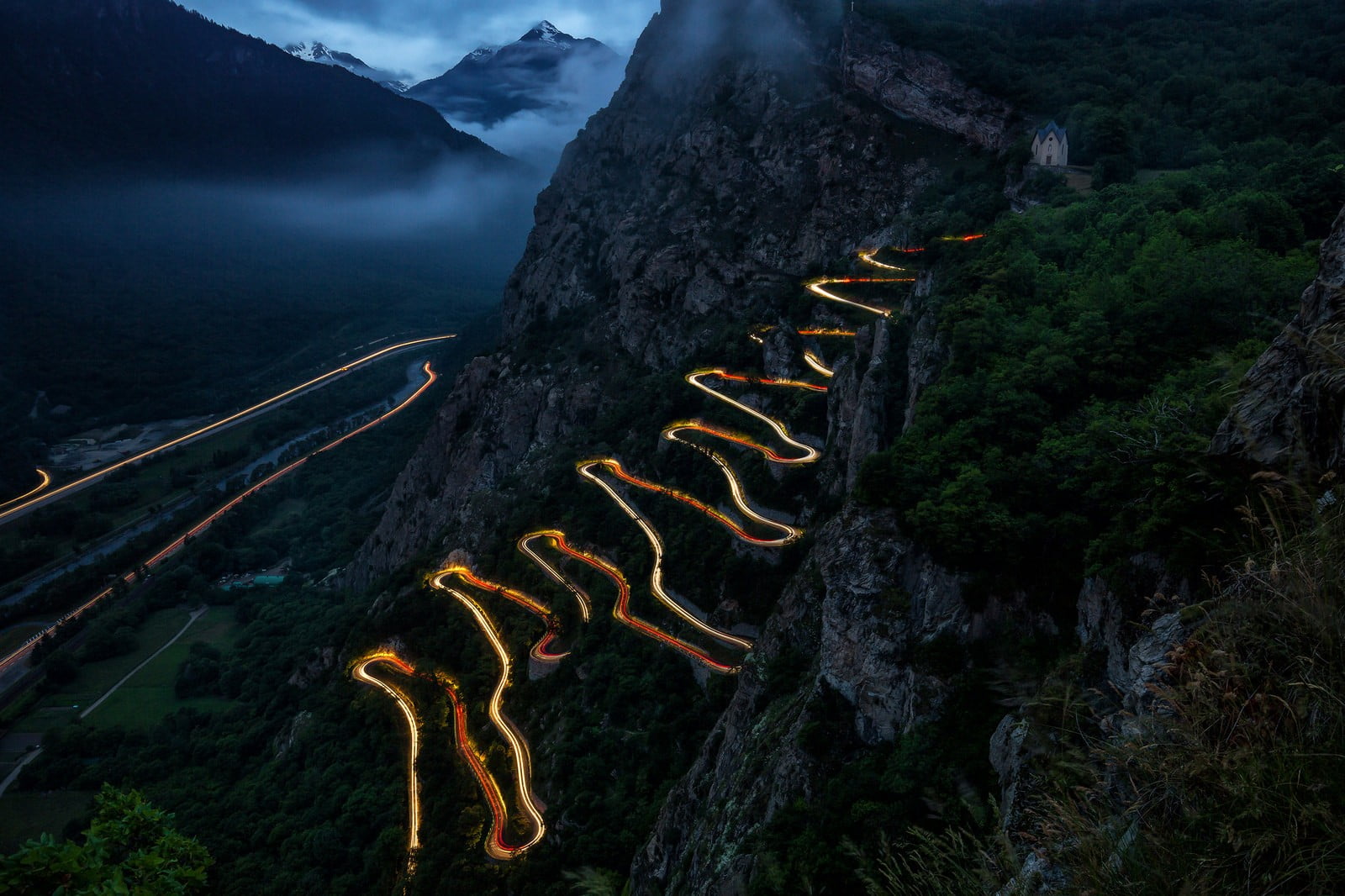 outdoors, forest, plant, lights, evening, long exposure, trees, mountains, tree, clouds, scenics - nature, rocks, hairpin turns, rock - object, landscape, HD Wallpaper