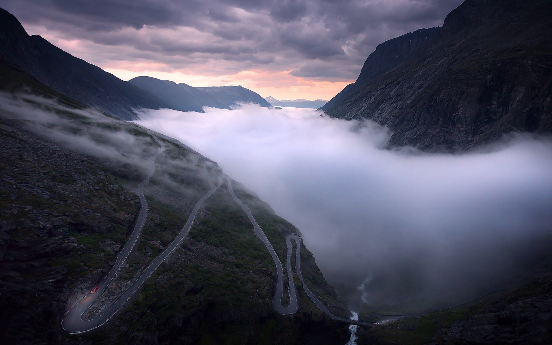 cloud - sky, environment, remote, valley, sky, river, formation, land, 1080P, geology, mist, landscape, black, beauty in nature, Norway, tranquility, hairpin turns, HD Wallpaper