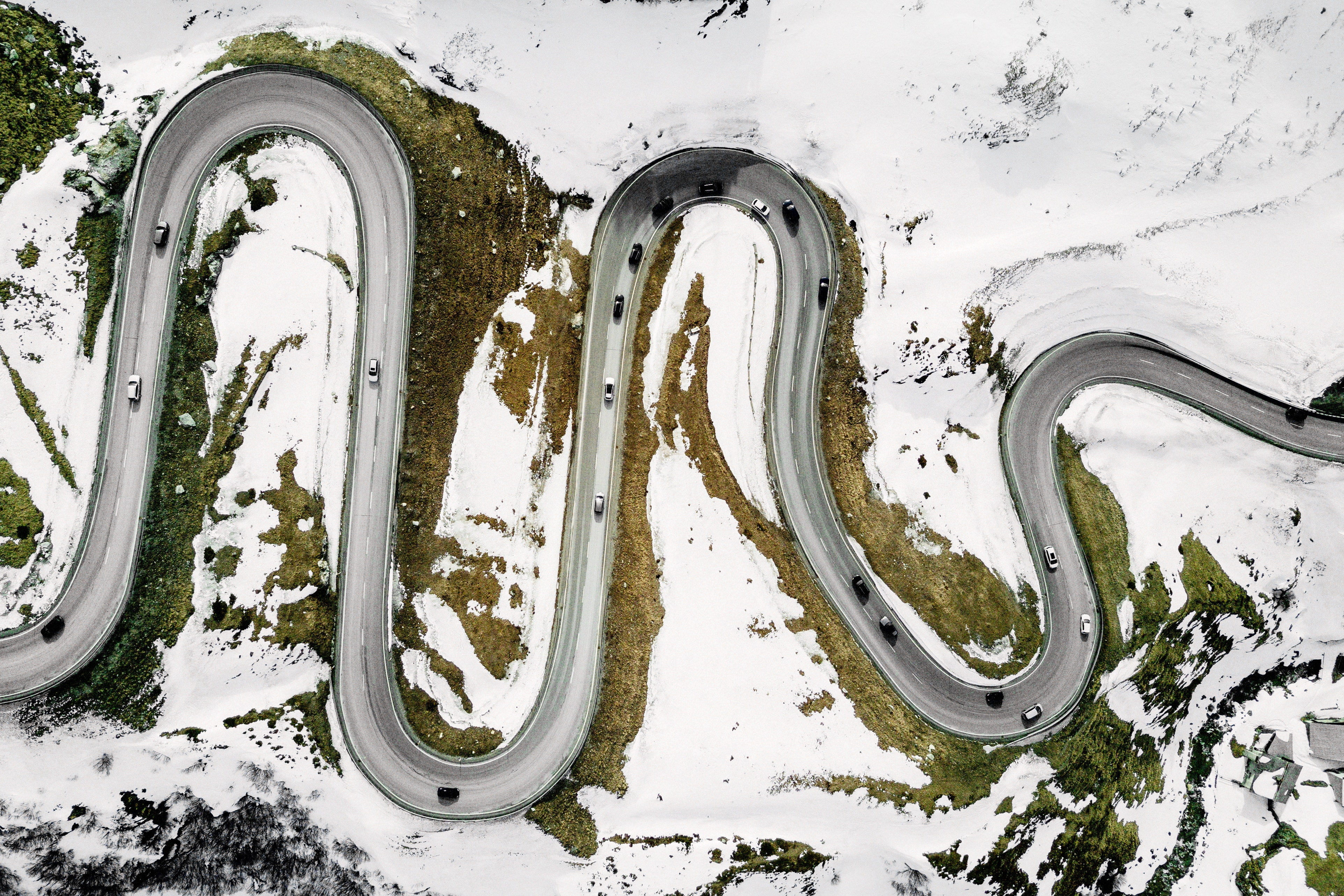 birds eye view, road, cold, 4K, hairpin turns, winter, HD Wallpaper