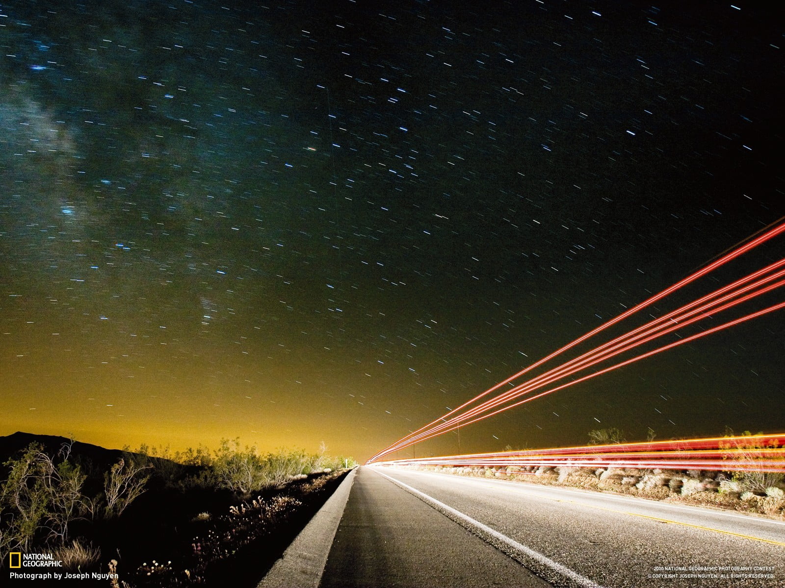 outdoors, the way forward, light trails, National Geographic, star field, space and astronomy, motion, road, speed, wooden, star, transportation, direction, HD Wallpaper
