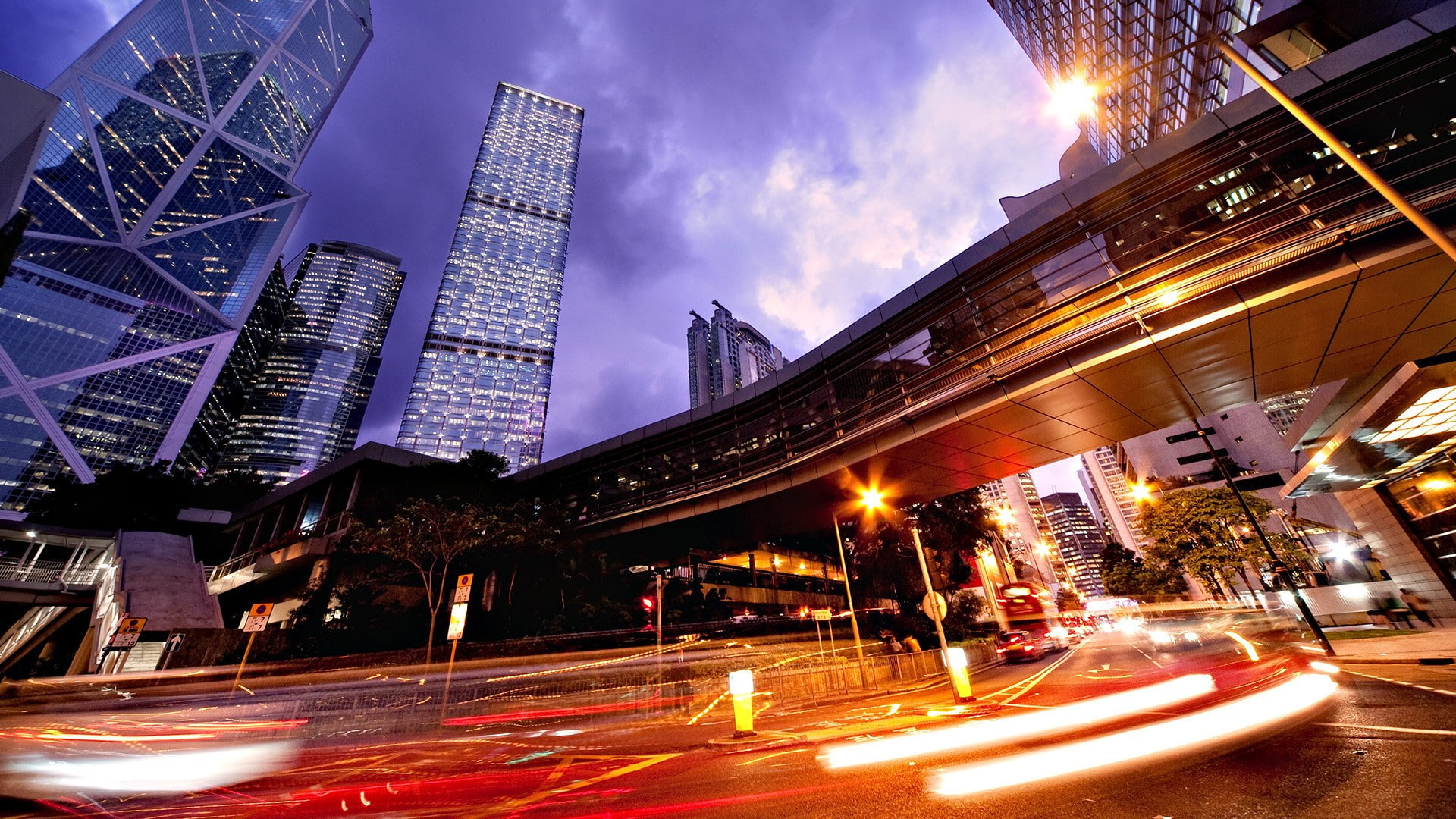 light trails, 1080P, cityscape, skyscraper, road, HD Wallpaper