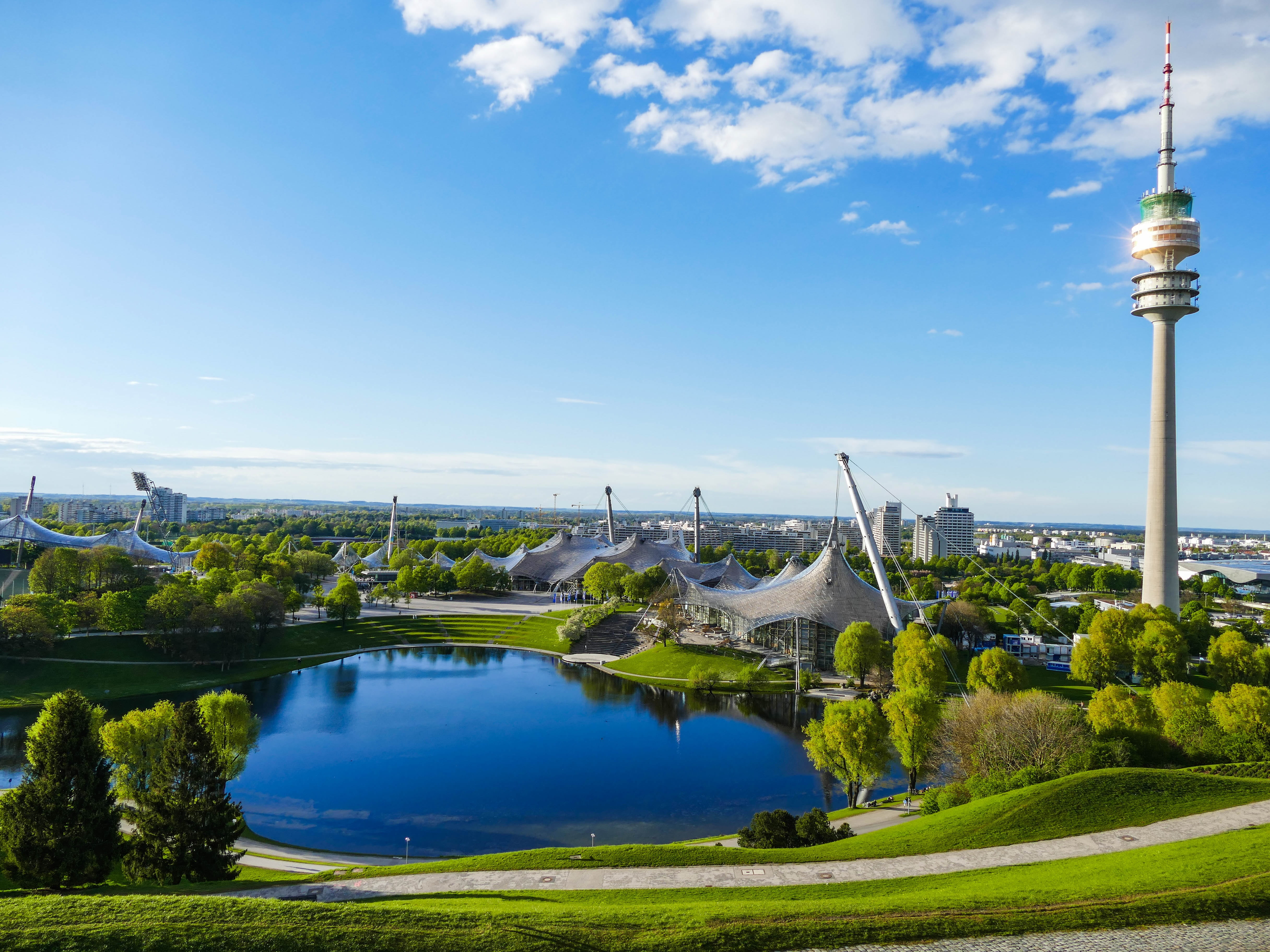 travel destinations, photography, modern, olympic park, spire, munich, tall - high, water, landscape, day, tv tower, architecture, bavaria, olympia, travel, HD Wallpaper