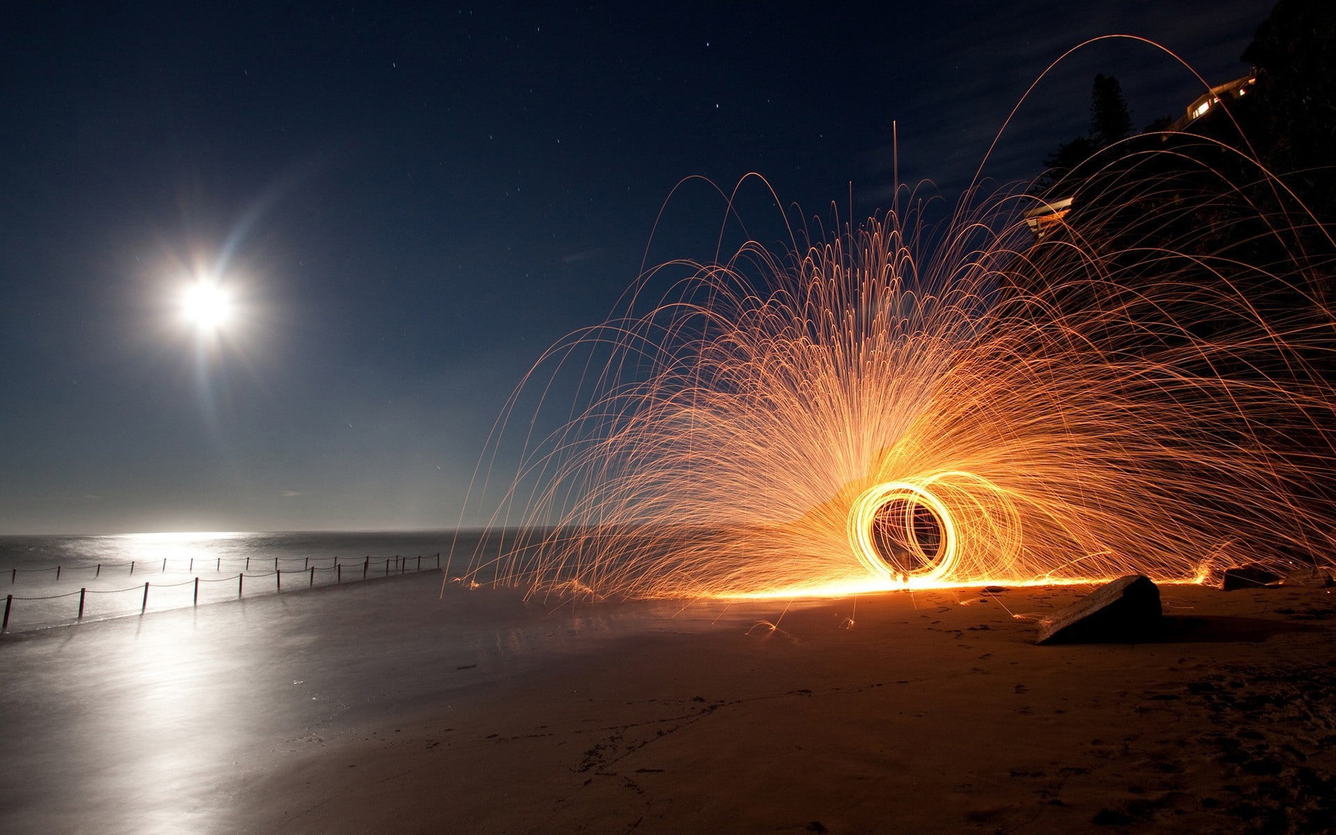 sky, sea, fire, beach, long exposure, land, spinning, outdoors, water, nature, night, glowing, steel, illuminated, burning, wire wool, sand, blurred motion, HD Wallpaper