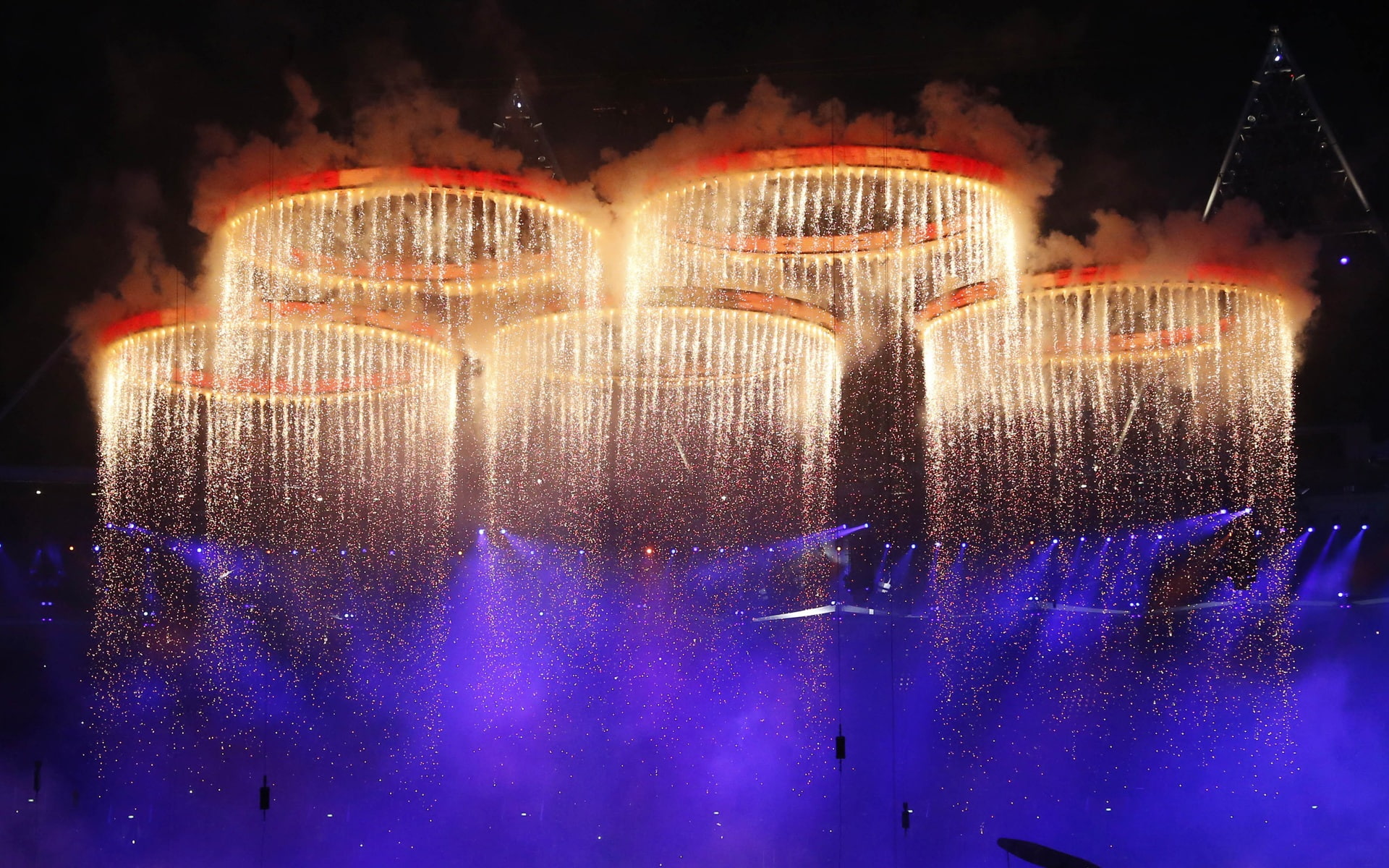 five, ceremony, showers, opening, games, Pentacyclic, stage, 1080P, round, London, water, Olympic, Fireworks, HD Wallpaper