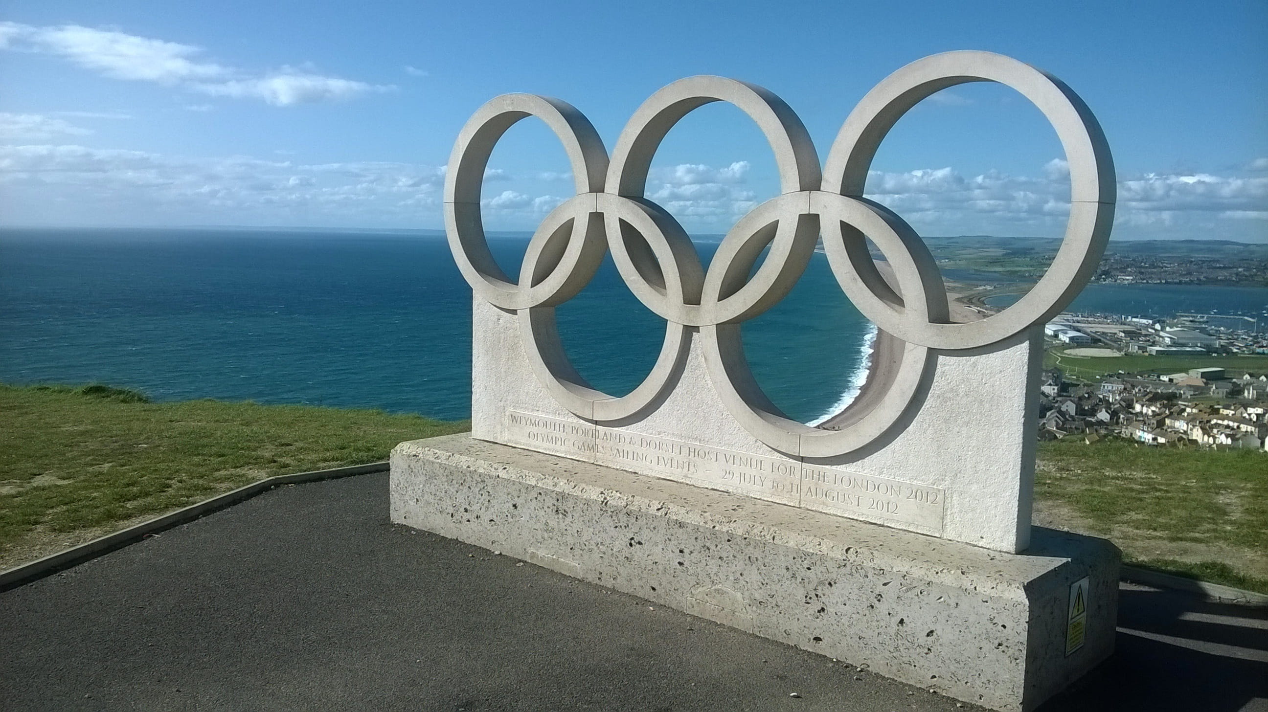 weymouth, outdoors, sunlight, blue, Sea, tranquil scene, horizon, cloud - sky, sky, south england, architecture, olympic, idyllic, Olympic Rings, built structure, HD Wallpaper