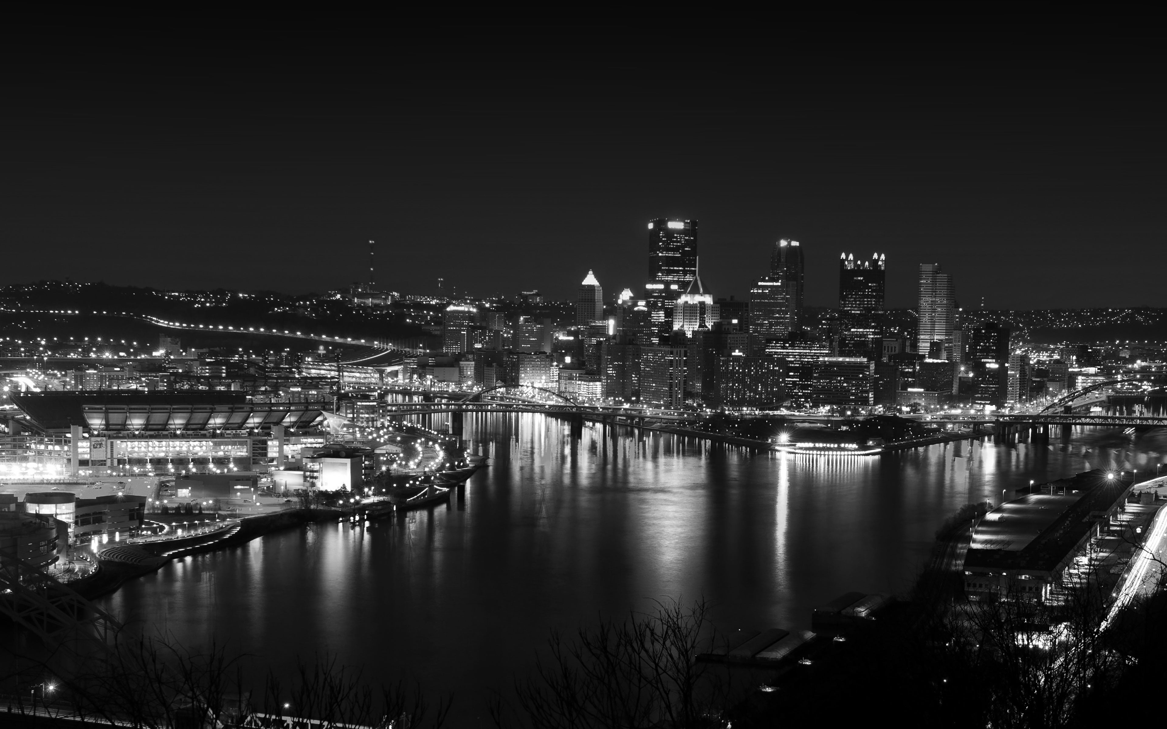 4K, skyscraper, dark, river, pittsburgh, residential district, reflection, water, no people, building exterior, cityview, night, architecture, skyline, HD Wallpaper