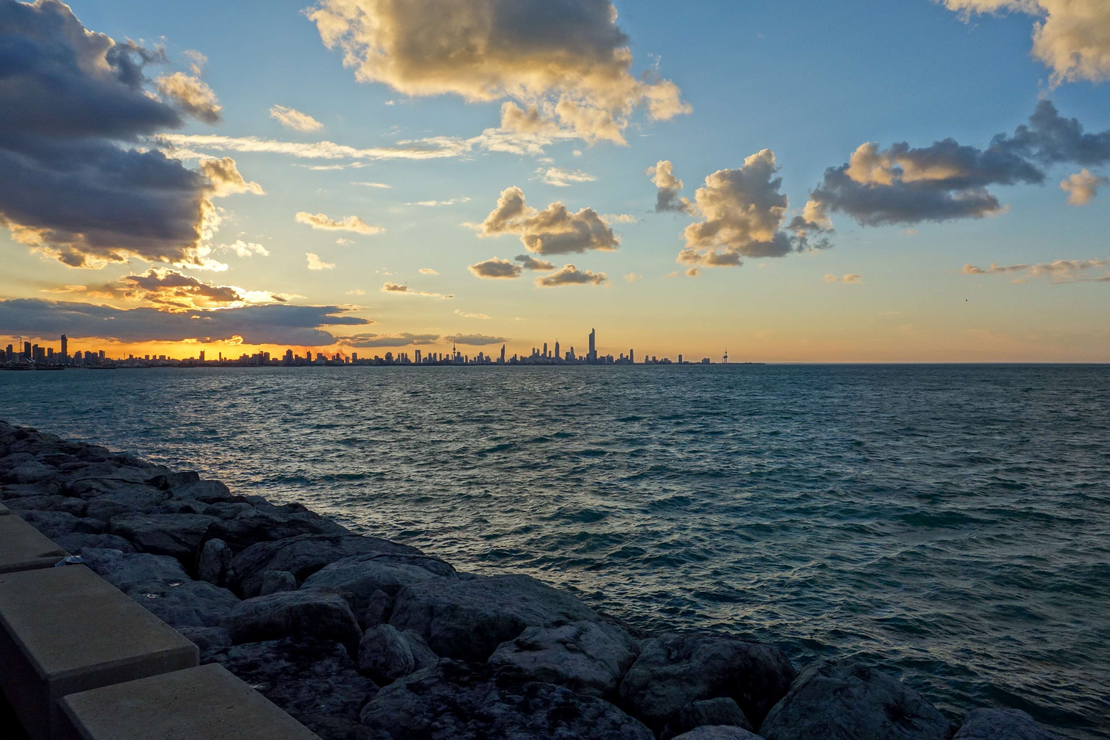 sky, sea, outdoors, horizon, evening sun, architecture, 4K, tranquil scene, scenics - nature, nature, beach, rocks, kuwait, sun ray, idyllic, tranquility, HD Wallpaper