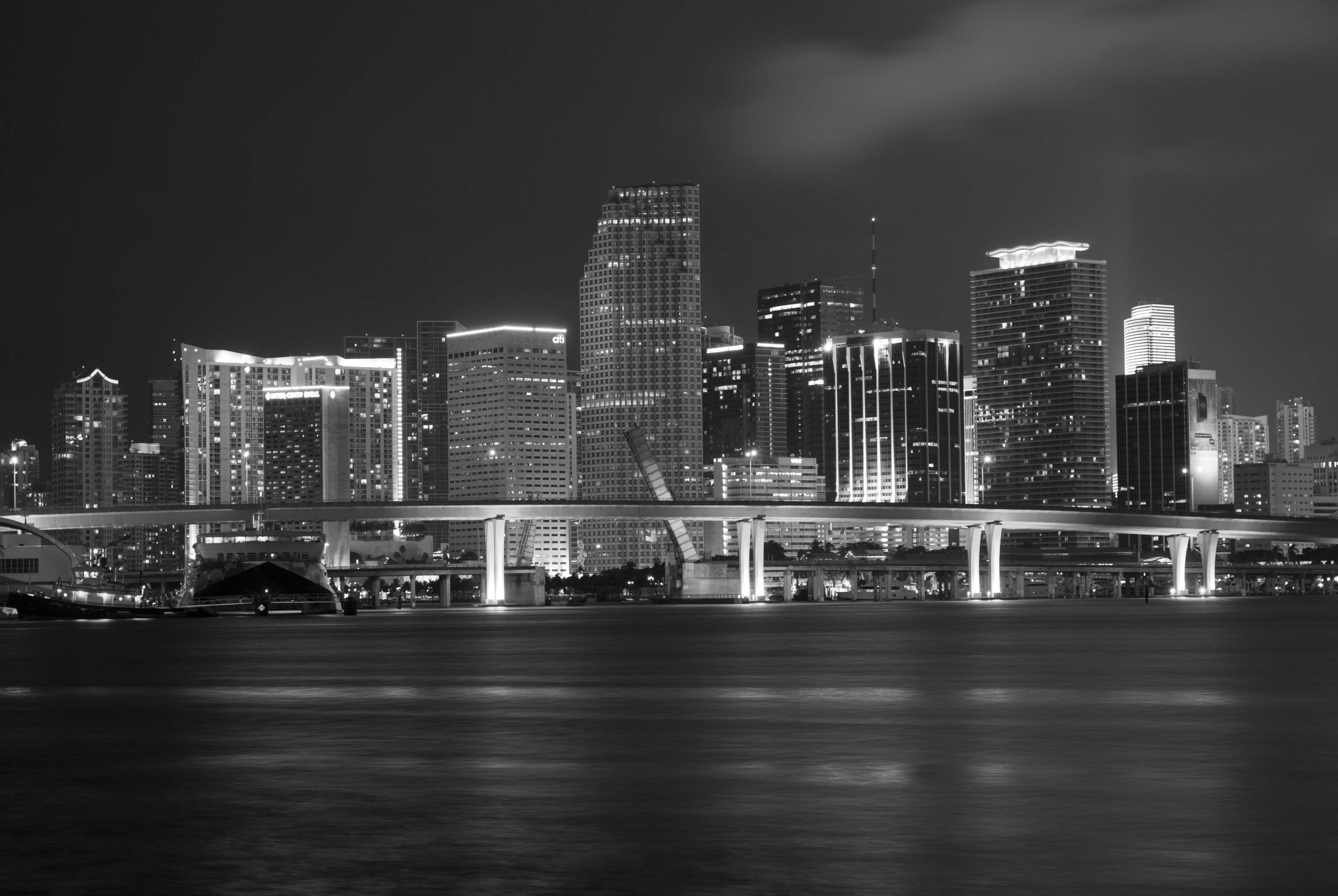 architecture, miami, building, business, light, office, modern, river, skyscraper, buildings, water, sky, waterfront, cityscape, ocean shore, 4K, bridge, HD Wallpaper