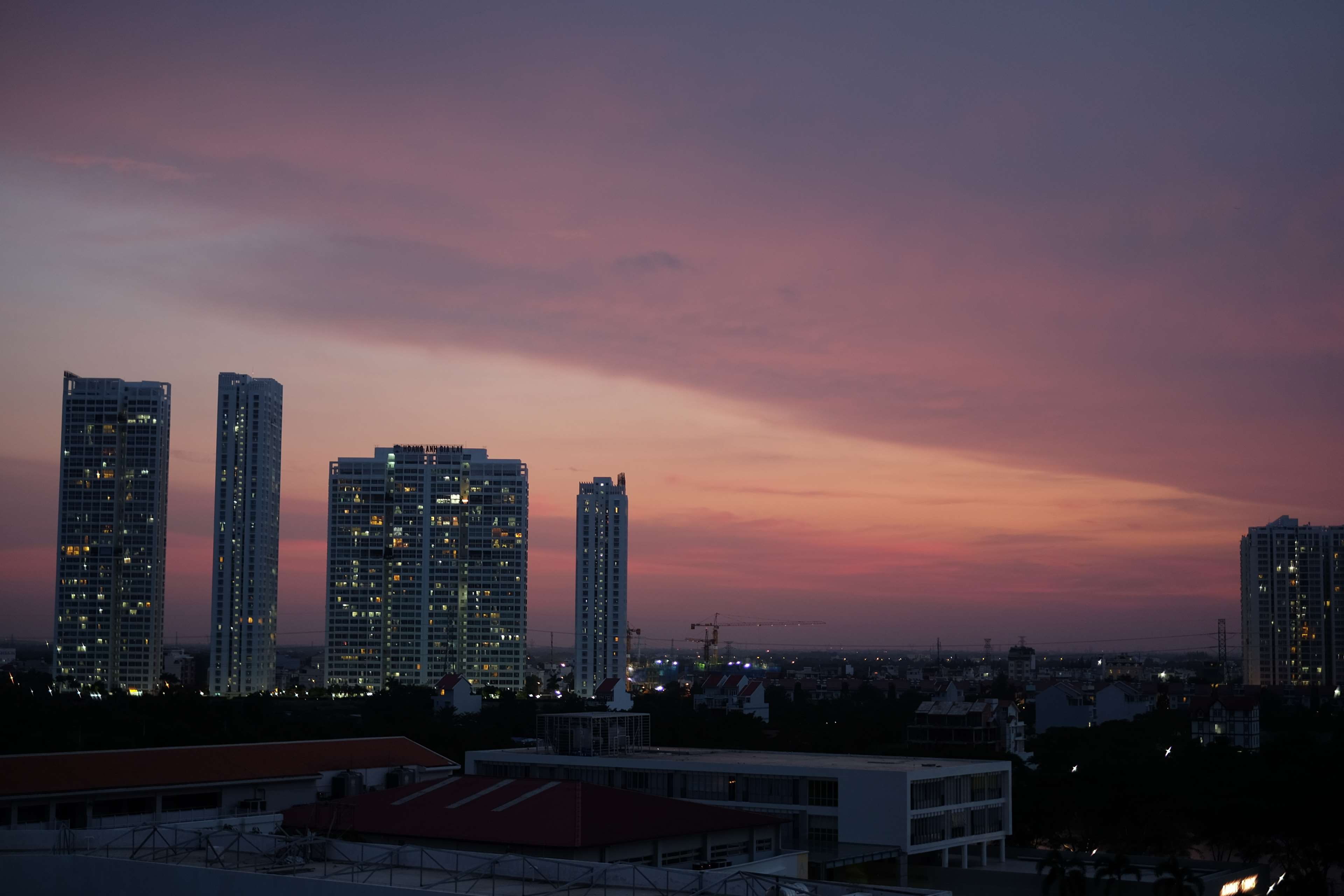 vietnam, no people, illuminated, settlement, built structure, romantic sky, building exterior, cloud - sky, sunset, cityscape, 4K, orange color, residential district, HD Wallpaper