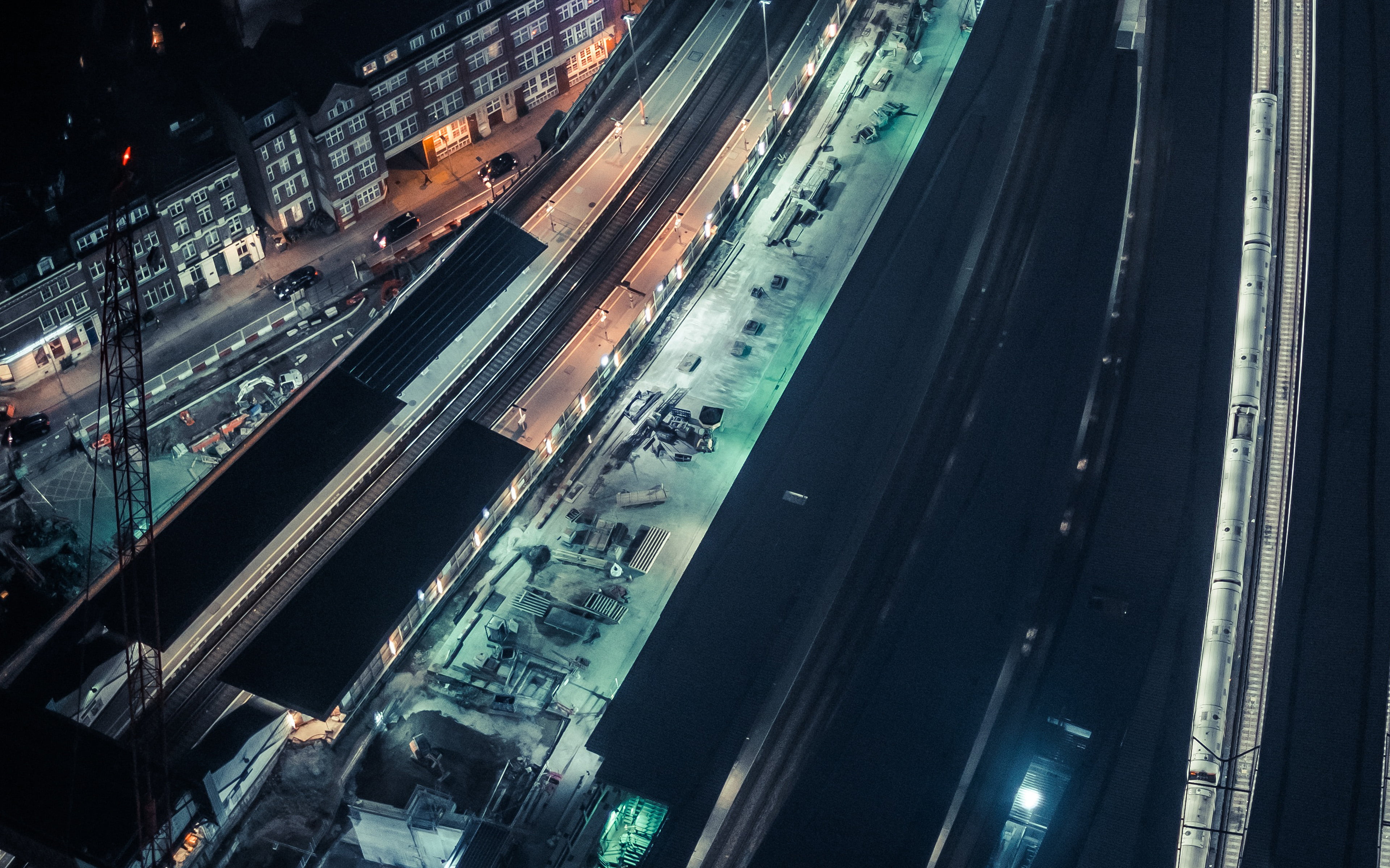 skyscraper, cityscape, 4K, dark, built structure, architecture, train, building exterior, night, transportation, high angle view, no people, mode of transportation, HD Wallpaper