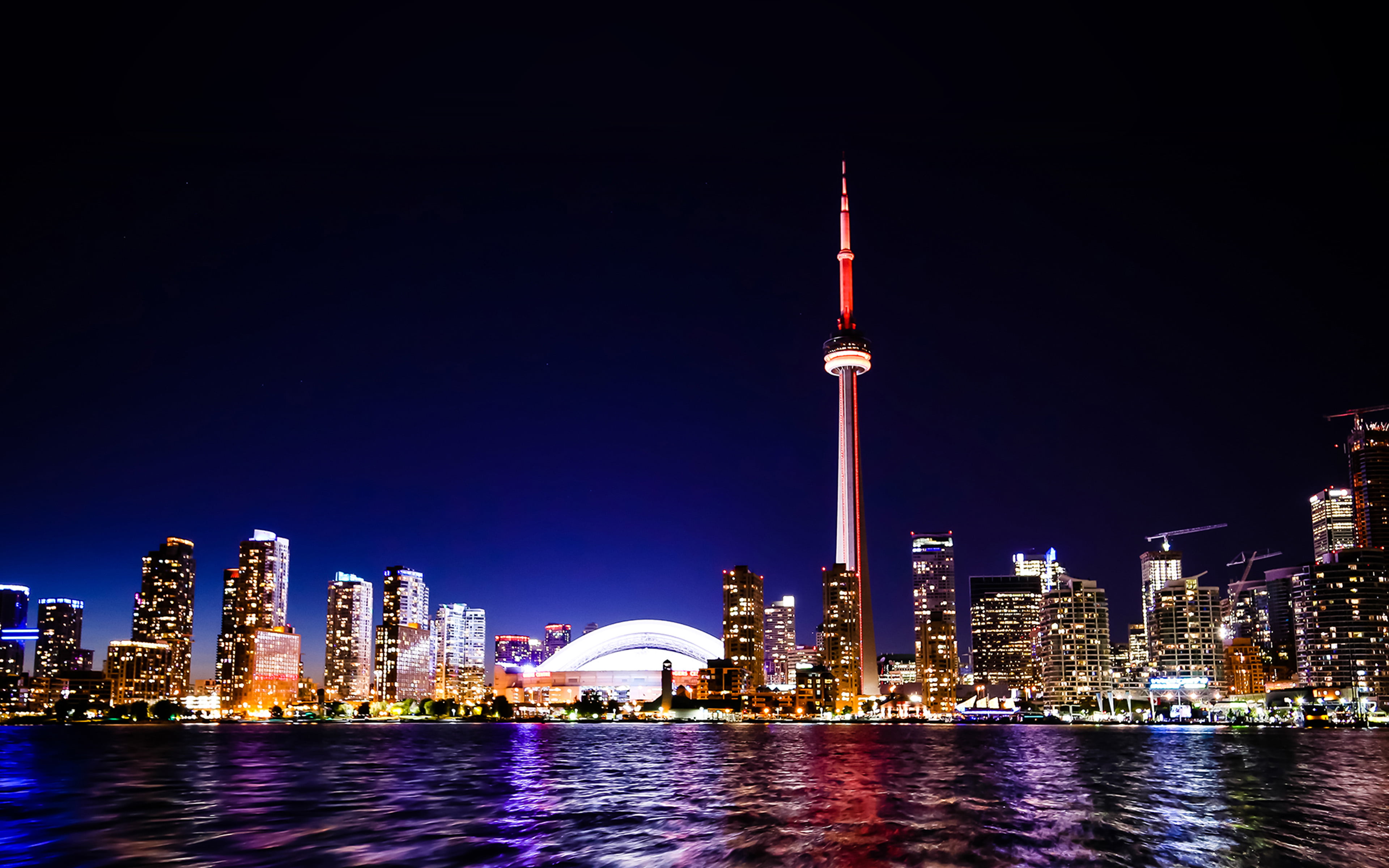 building, building exterior, landscape, no people, office building exterior, skyscraper, night, toronto, water, nightlife, financial district, travel, architecture, HD Wallpaper
