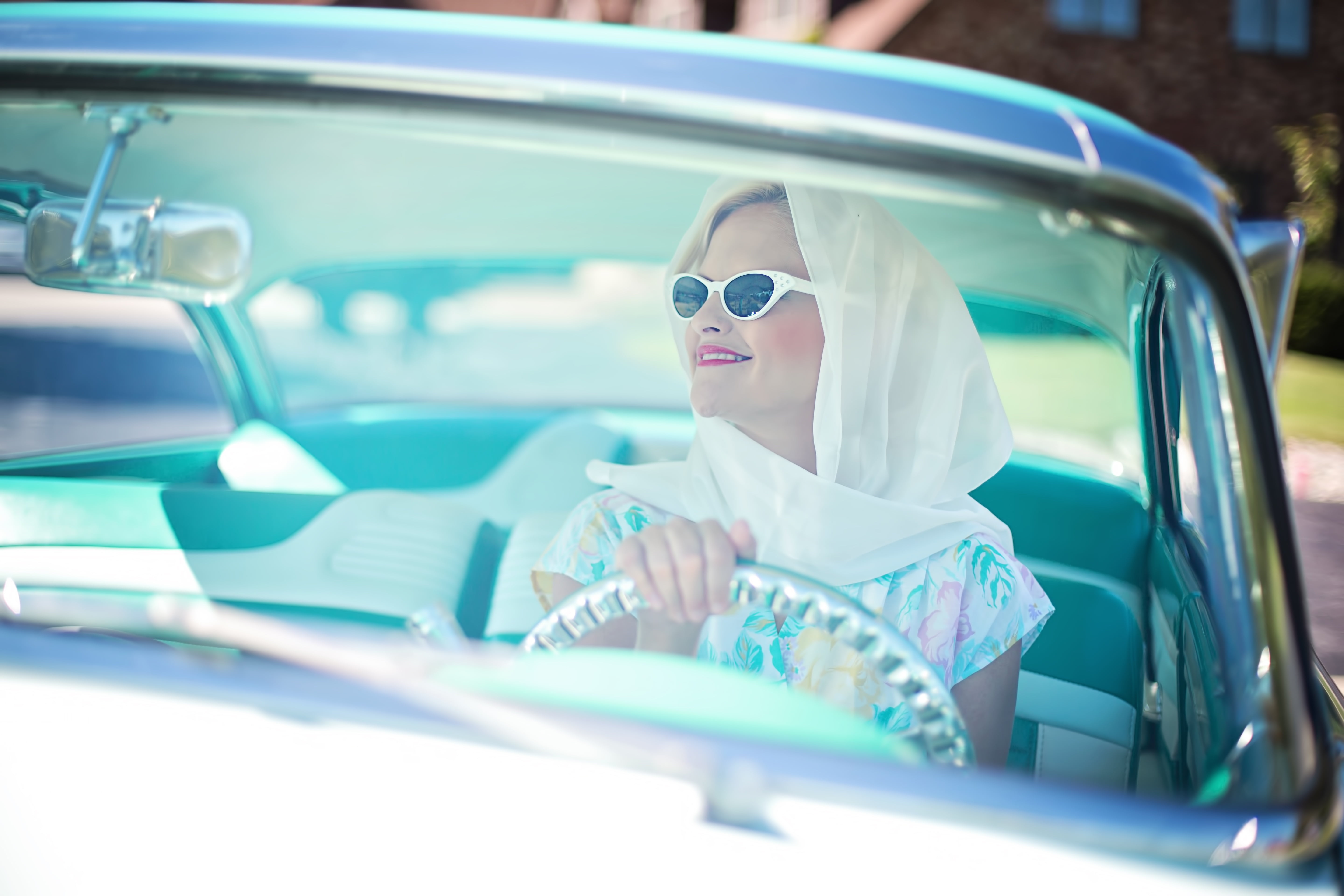 sitting, 1950s, sunlight, 1955 montclair, happiness, transport, young women, antique, glasses, people Traveling, females, day, car, adult, smiling, classic, HD Wallpaper