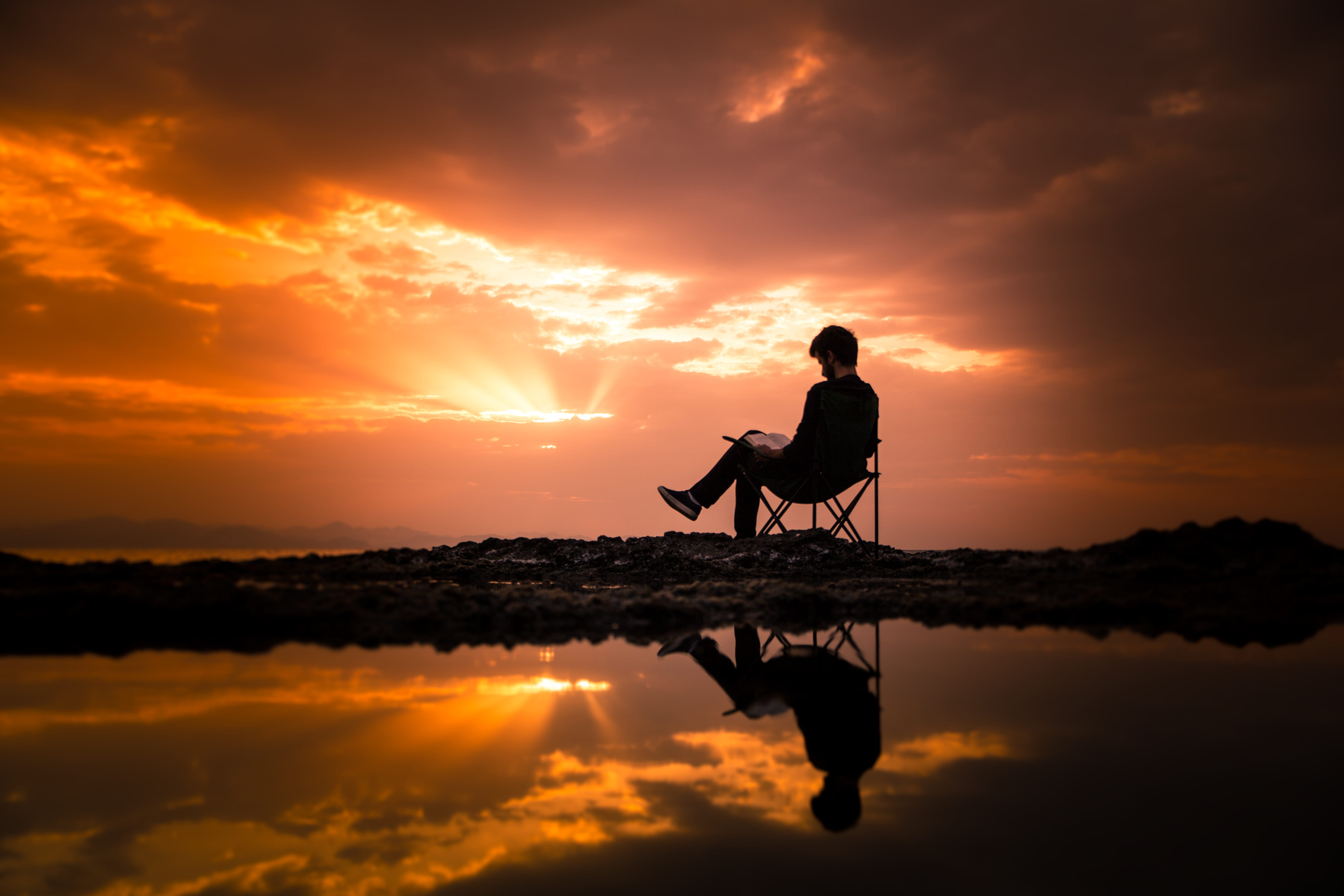 clouds, environment, orange color, sun, real people, summer, sunrise, scenery, nature, reader, reading, leisure, person, sitting, one person, water, idyllic, HD Wallpaper