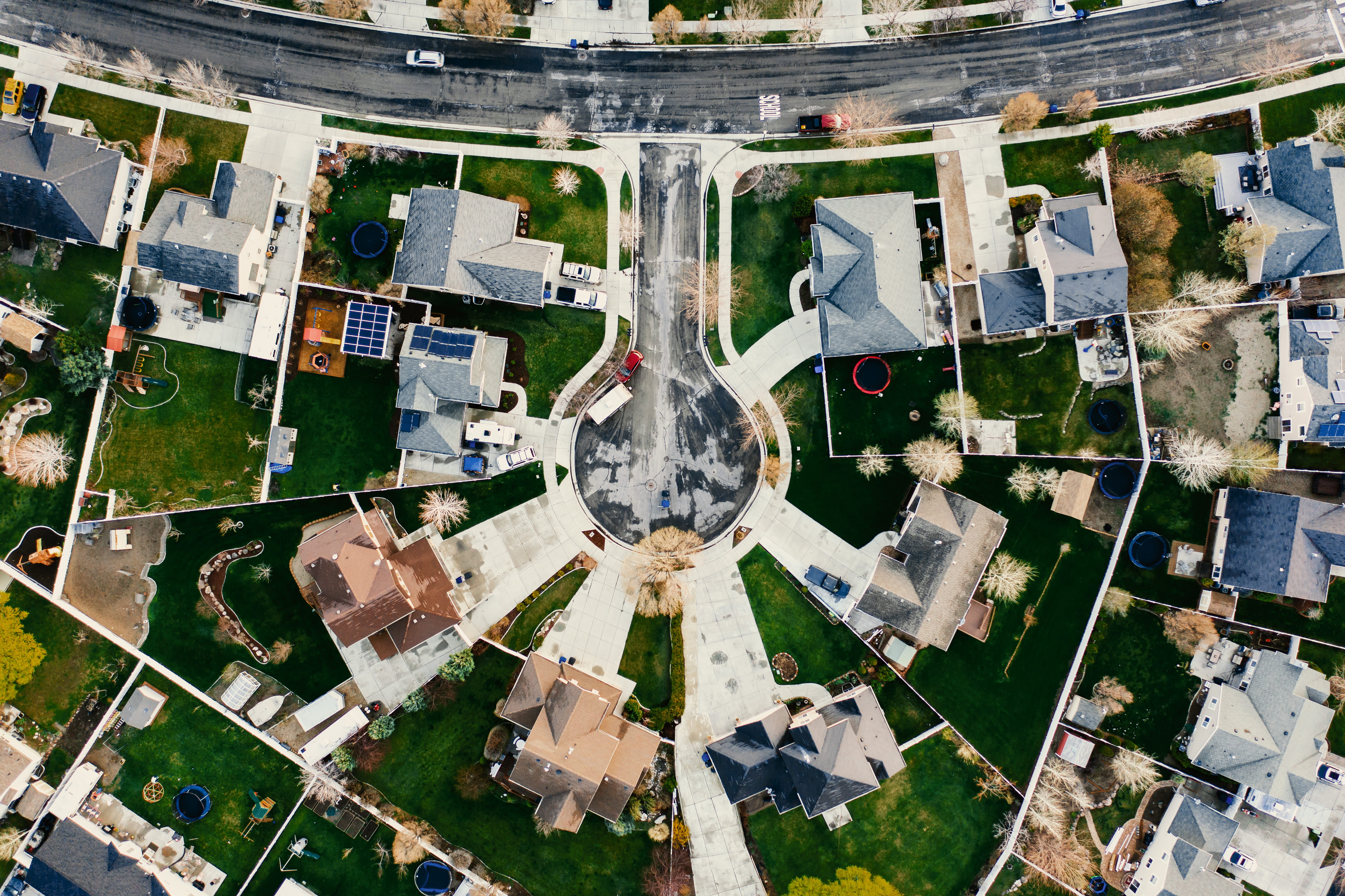 scenic, birds eye view, outdoors, day, scenery, drone footage, modern, roofs, design, vehicles, 5K, village, bright, view, buildings, aerial shot, digital composite, HD Wallpaper