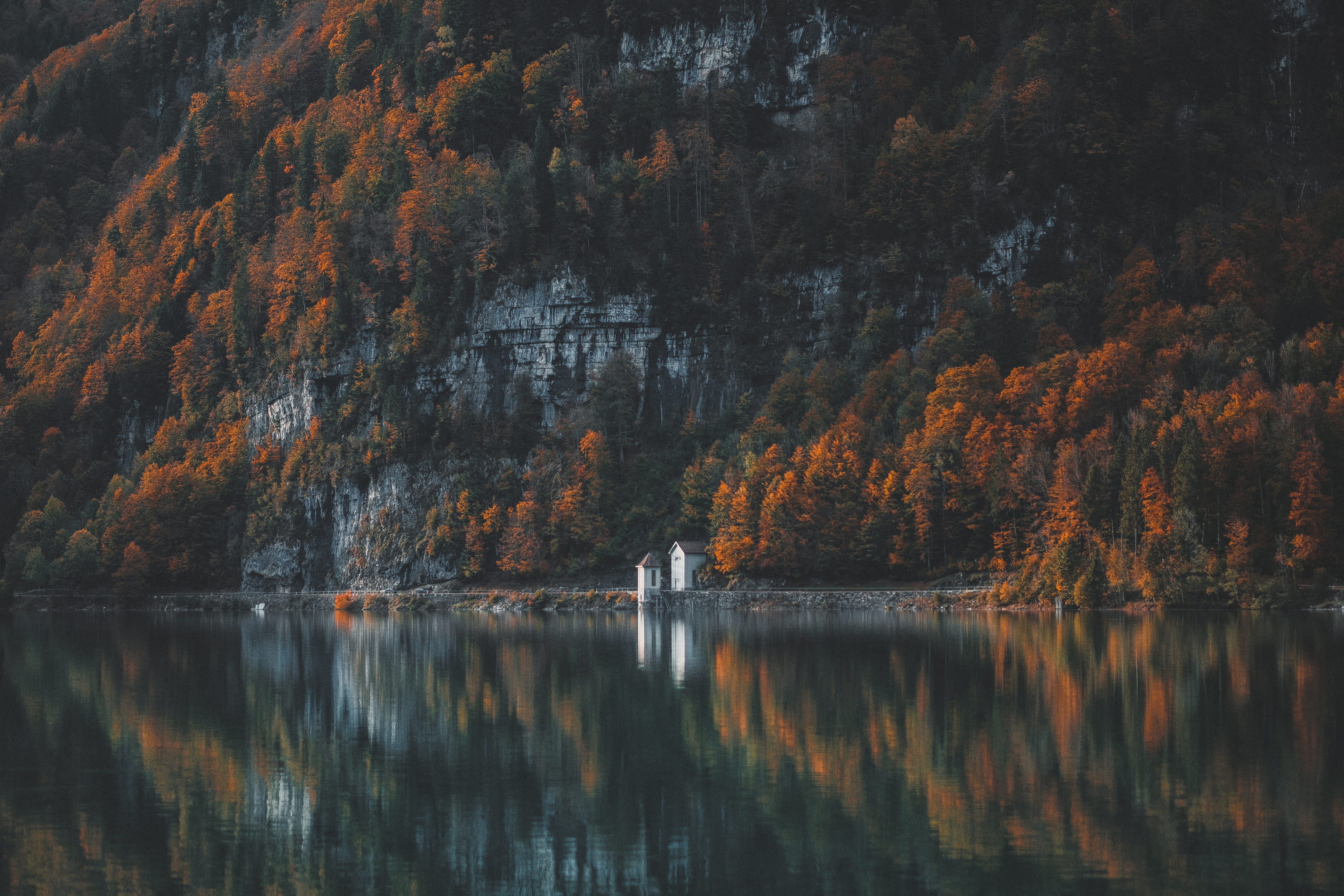 outdoors, beach, autumn, orange, autumn collection, houses, plant, trees, reflection, tree, photo, cabin, beauty in nature, tranquility, house, change, HD Wallpaper