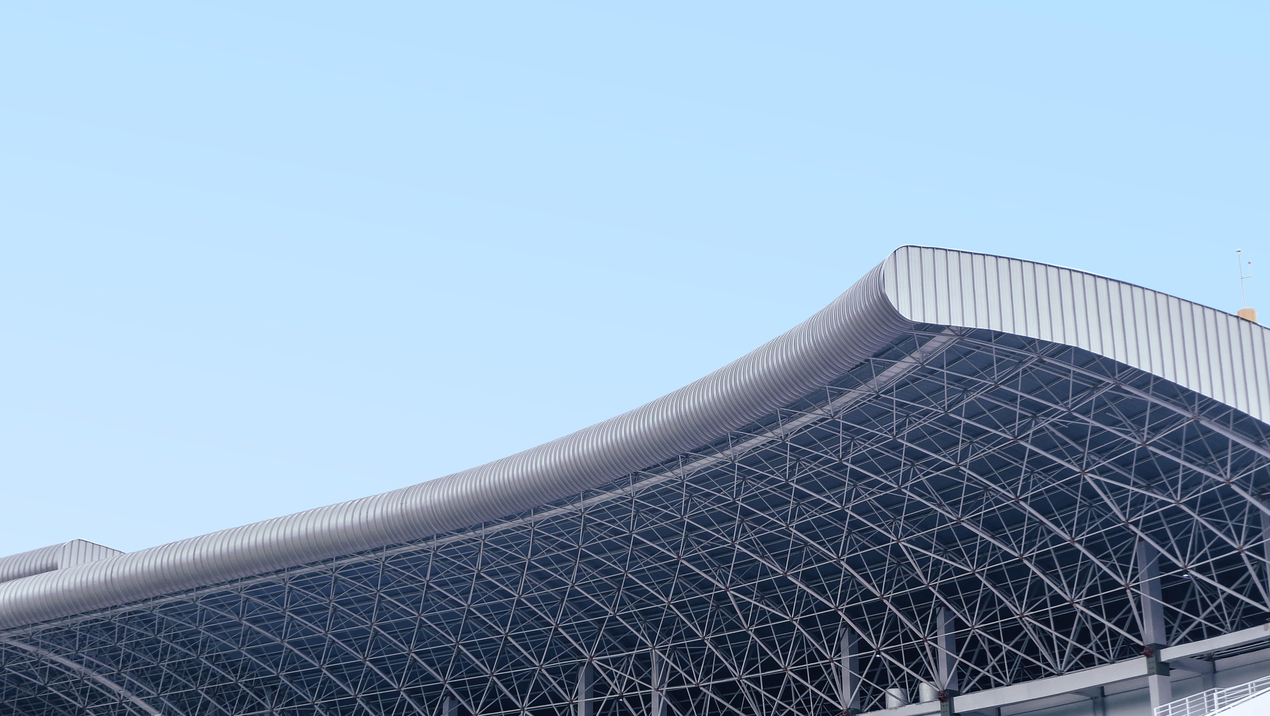 minimal, travel destinations, mandalakrida, copy space, low angle view, yogyakarta, clear sky, building, blue, building exterior, sunlight, sky, 4K, metal, HD Wallpaper