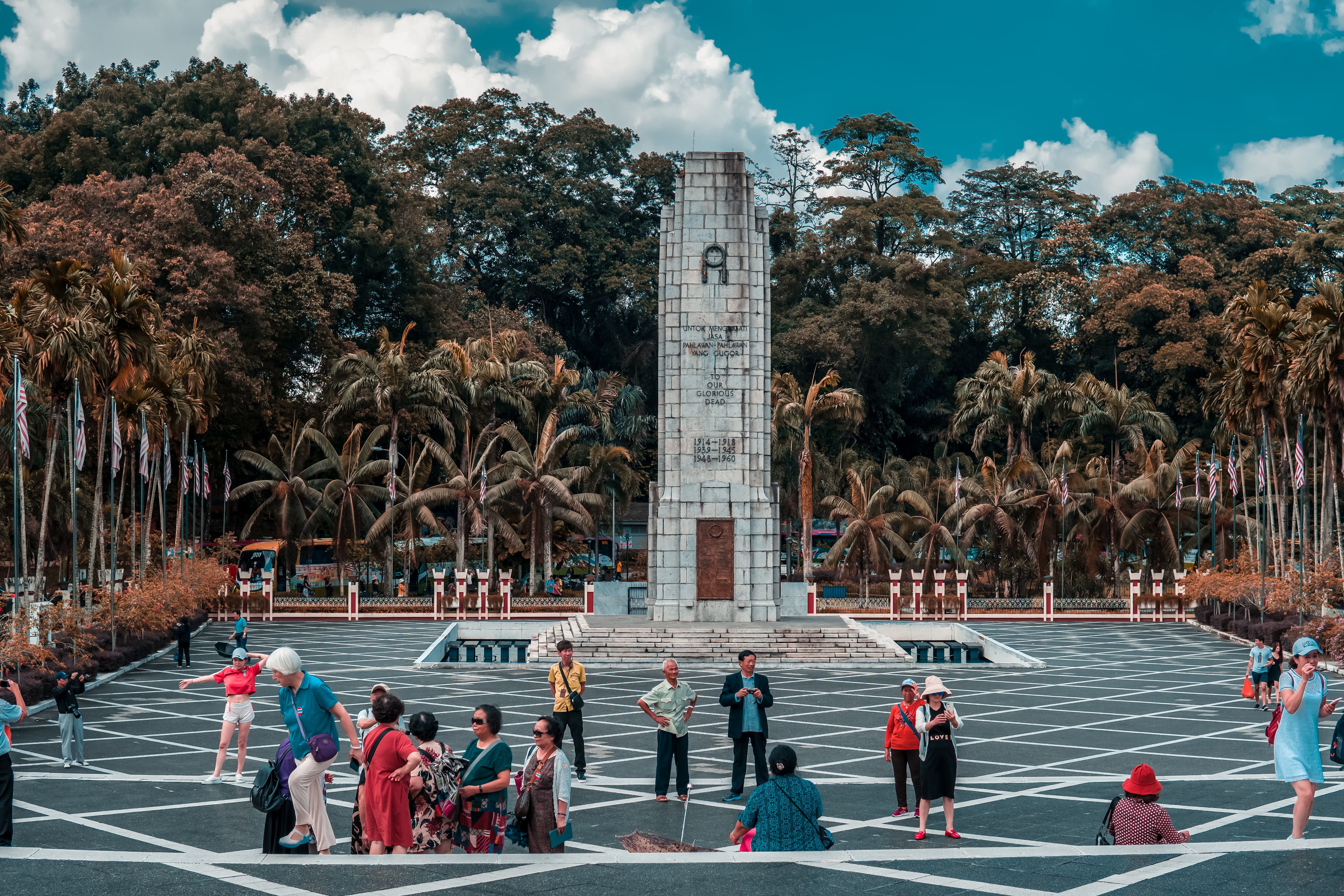 tugu negara, plaza, group of people, fountain, water, architecture, malaysia, tree, kuala lumpur, large group of people, square, cloud - sky, team, men, HD Wallpaper