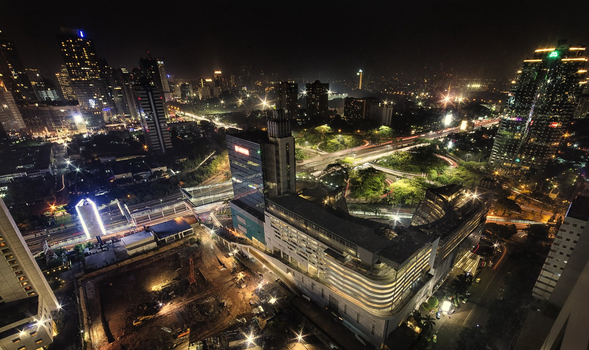 architecture, modern, city, transportation, Jakarta, 1080P, Cities, built structure, cityscape, Skyscraper, illuminated, development, outdoors, Light, HD Wallpaper