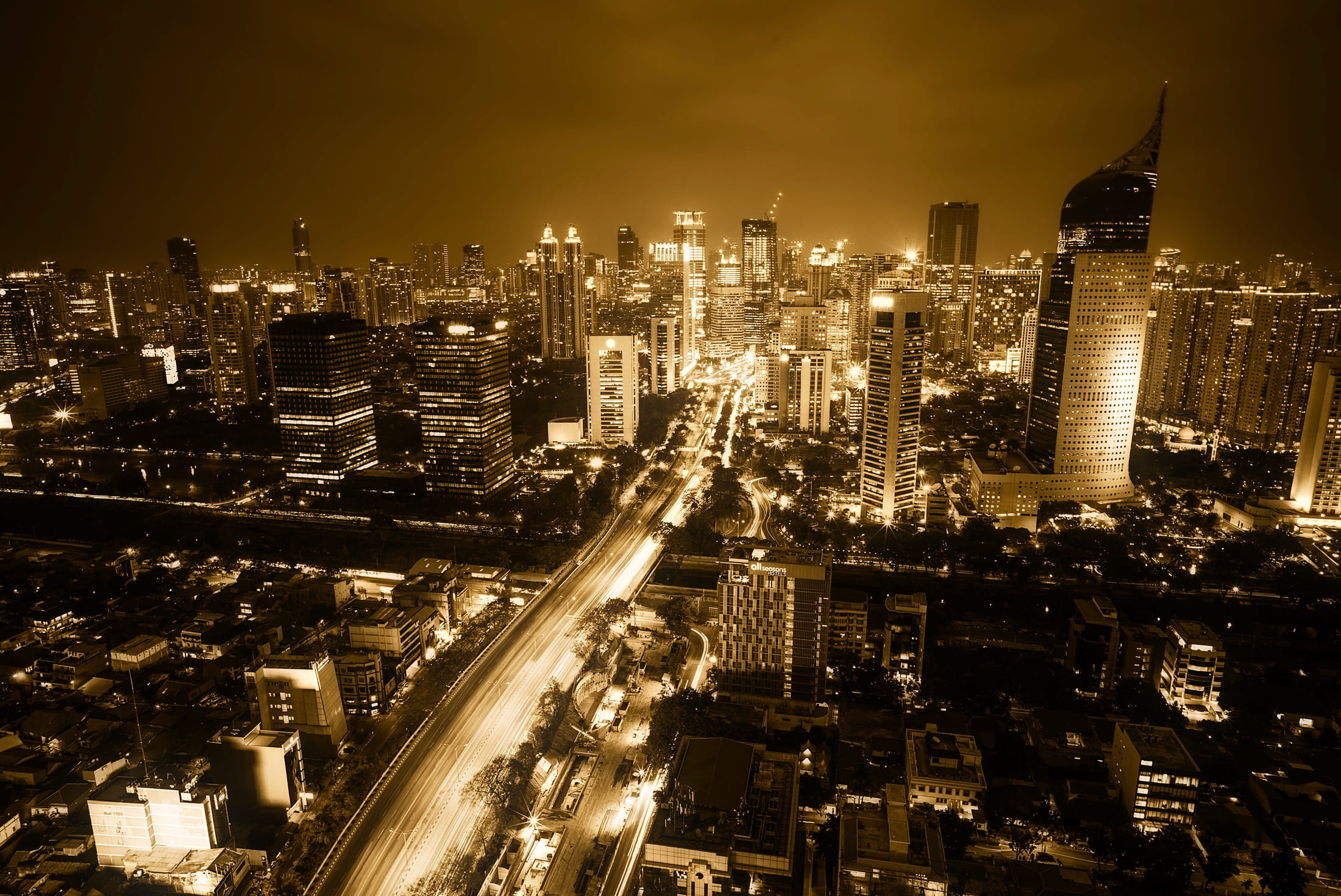 architecture, tall - high, rise, office building exterior, transportation, aerial, jakarta, evening, street, high, illuminated, residential district, modern, HD Wallpaper
