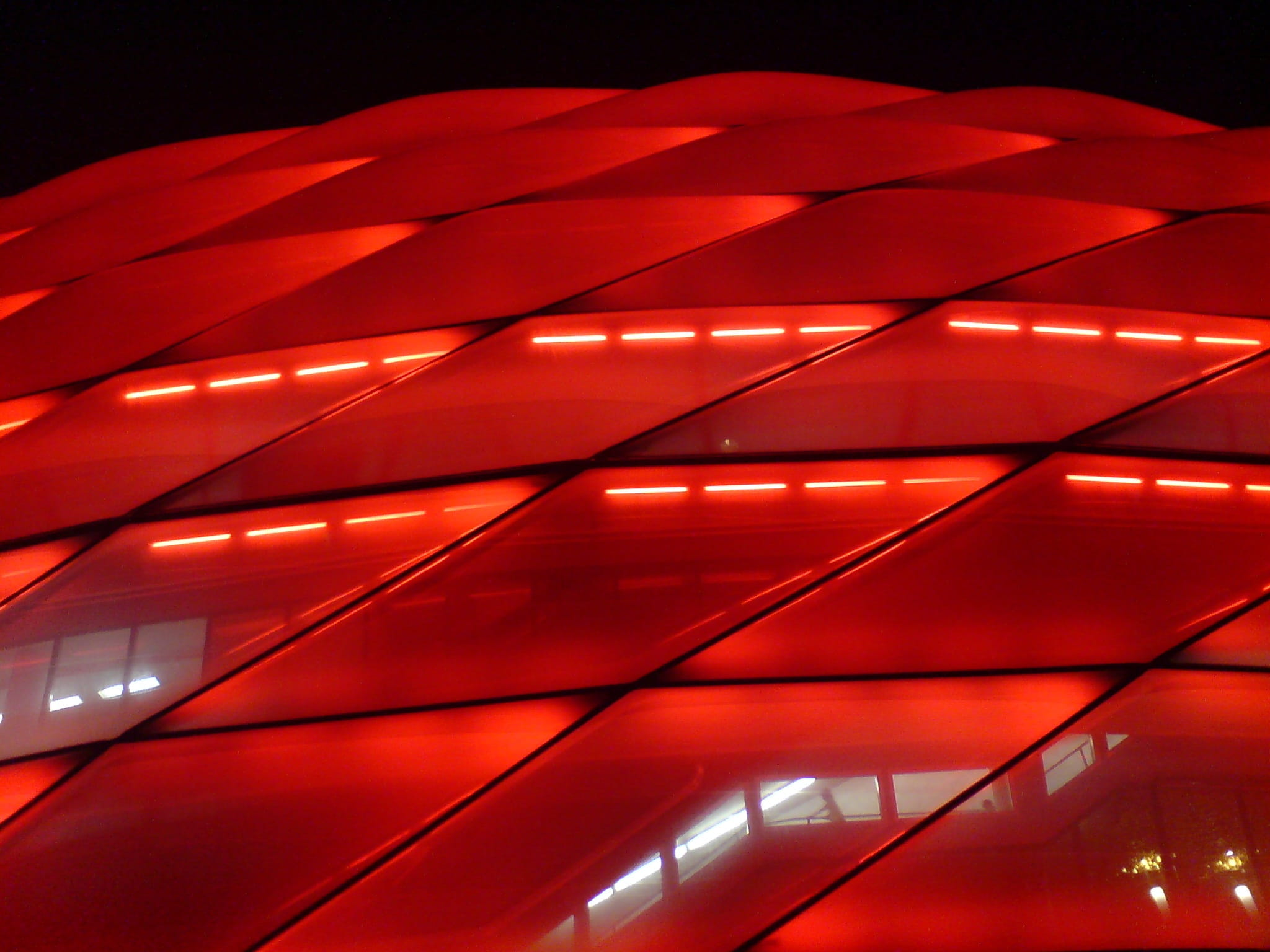 building, Allianz Arena, indoors, red, low angle view, no people, neon, illuminated, night, pattern, Red, 1080P, lighting equipment, architecture, modern, HD Wallpaper