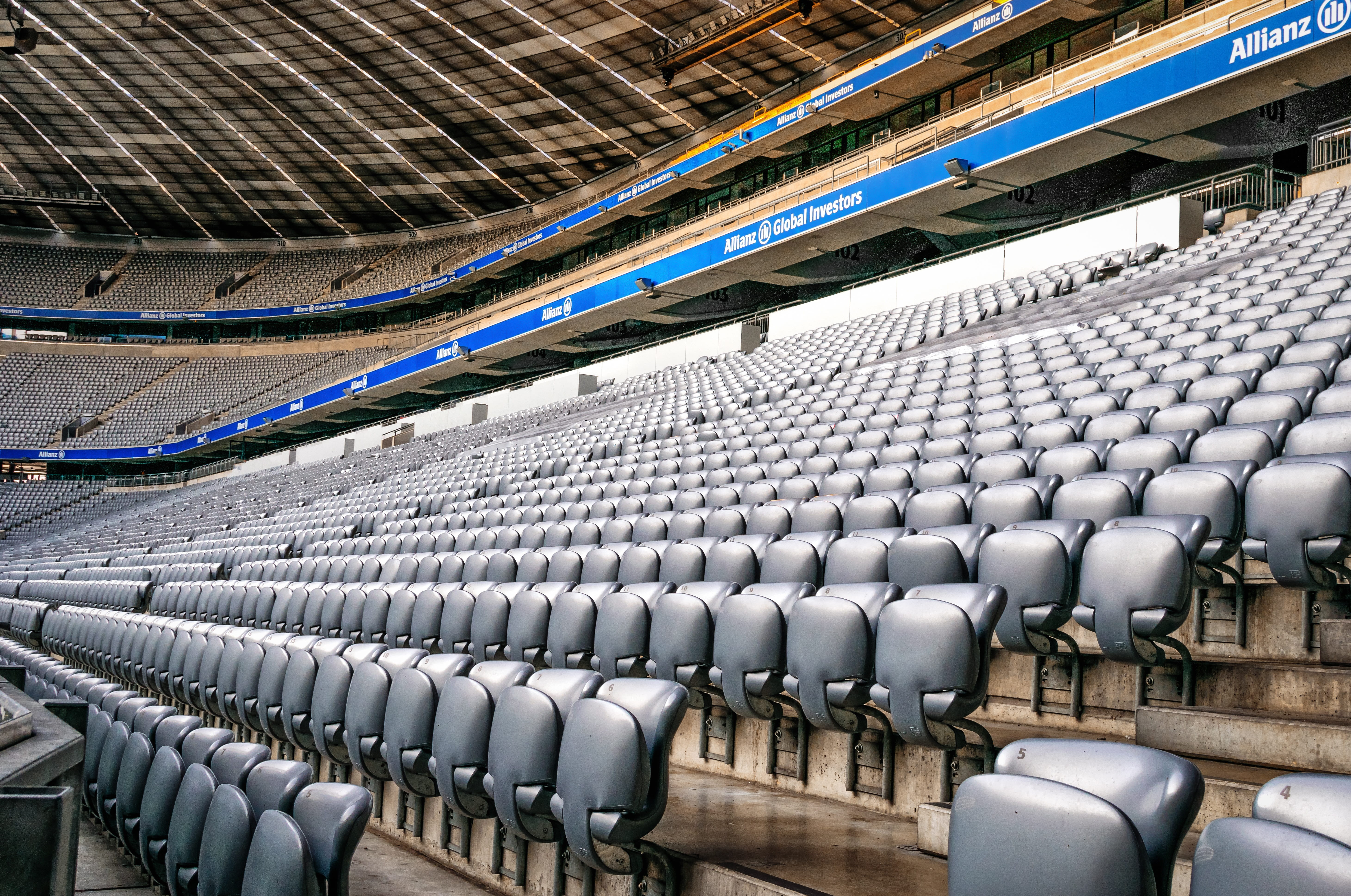 bavaria, in a row, modern, 5K, football, bayern munich, football club, repetition, allianz, master, no people, football stadium, technology, game, perspective, HD Wallpaper