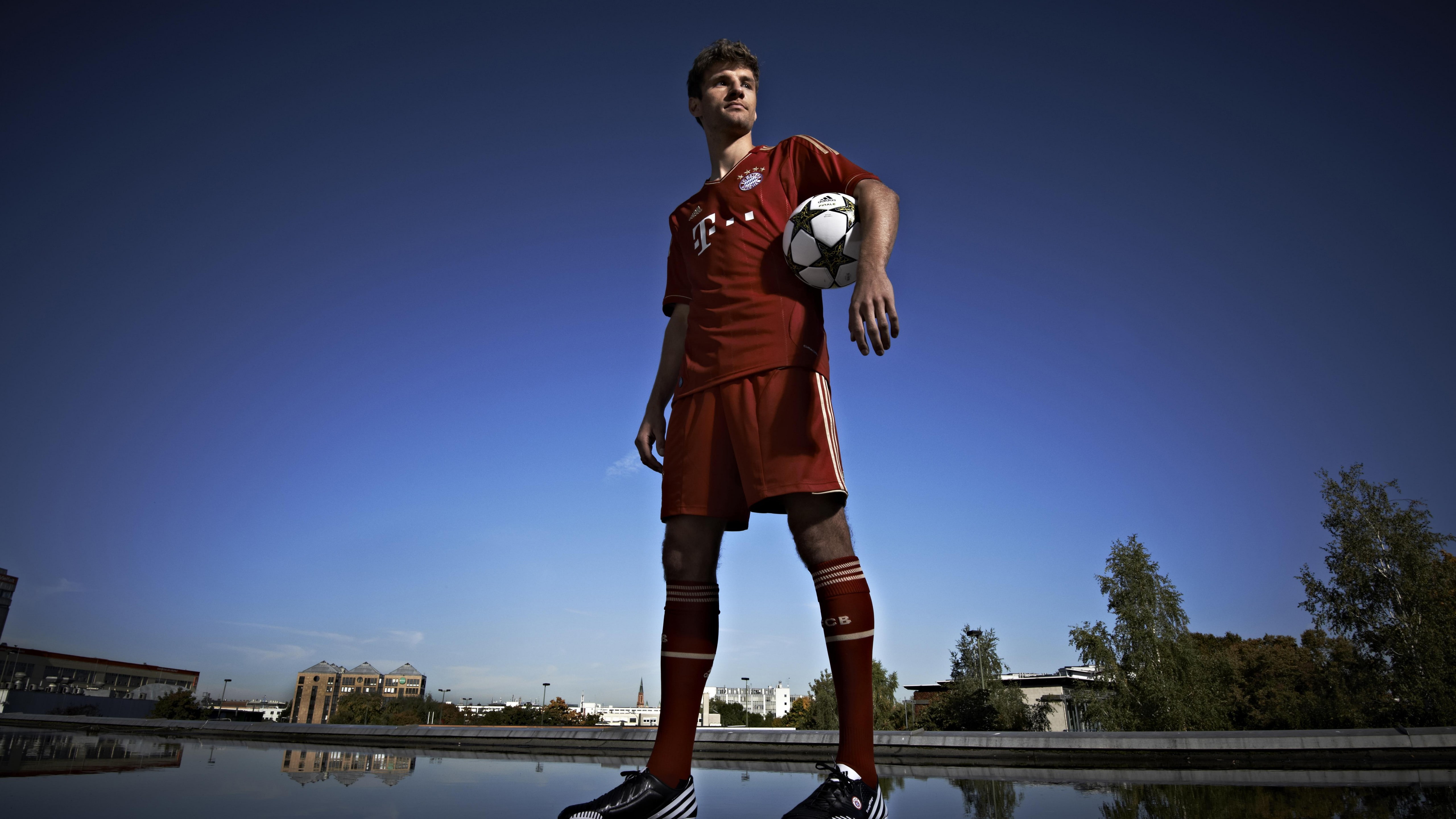 red, holding, Football, FIFA, ball, The best players 2015, Thomas Muller, man, soccer, shirt, short, jersey, striker, Bayern Munich, white, 5K, HD Wallpaper